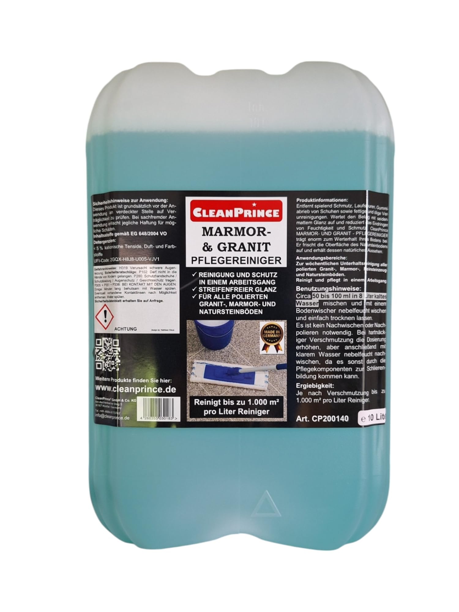 CleanPrince Limpiador de mármol y granito de 10 litros | Limpiador de granito de mármol turquesa