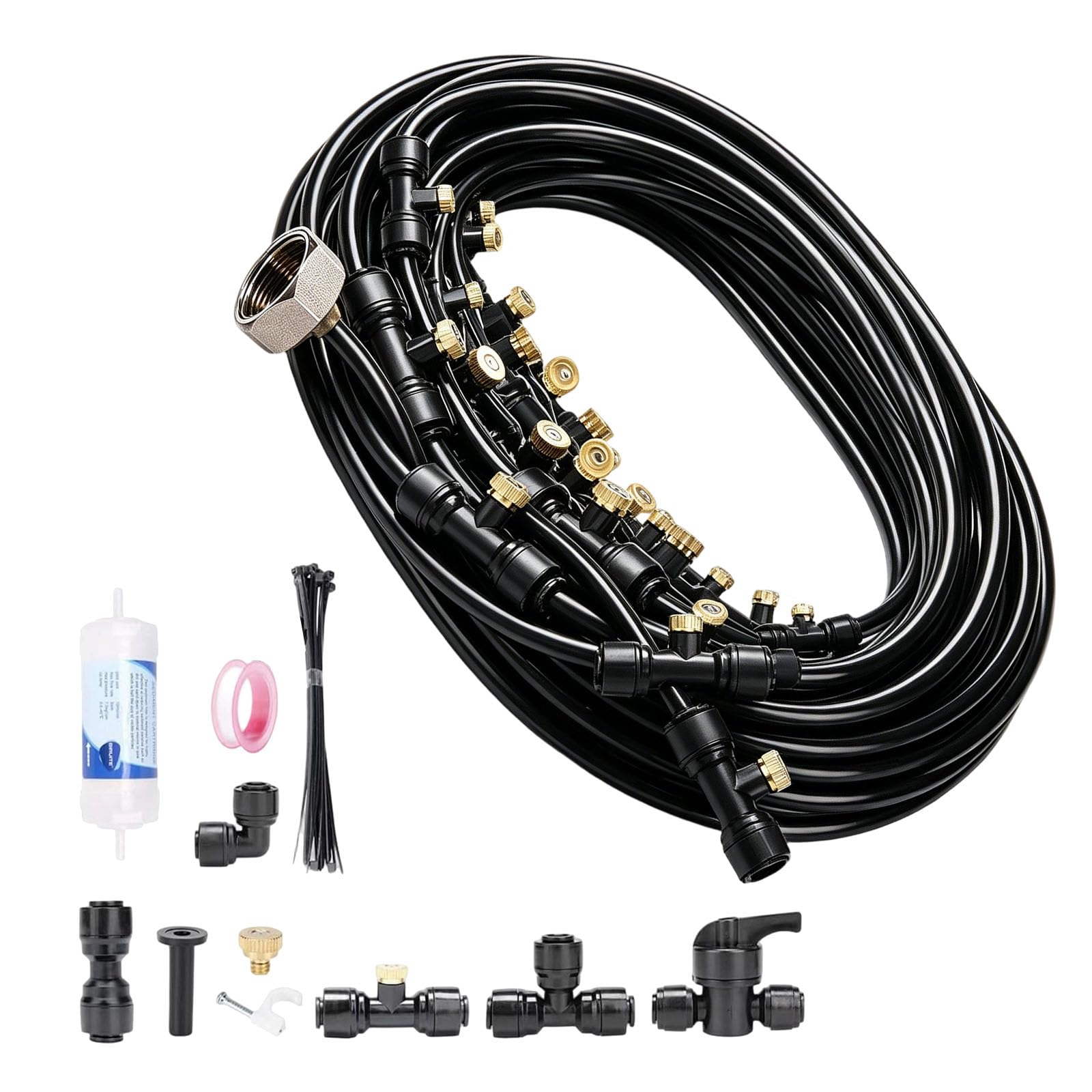 Brumisateur Terrasse Exterieur, Kit d’Irrigation Système de Brumisateur Extérieur 24M Buses de Brume avec Joint en T, Kit de Tuyau Brumisateur par Brume pour Jardin Parasols