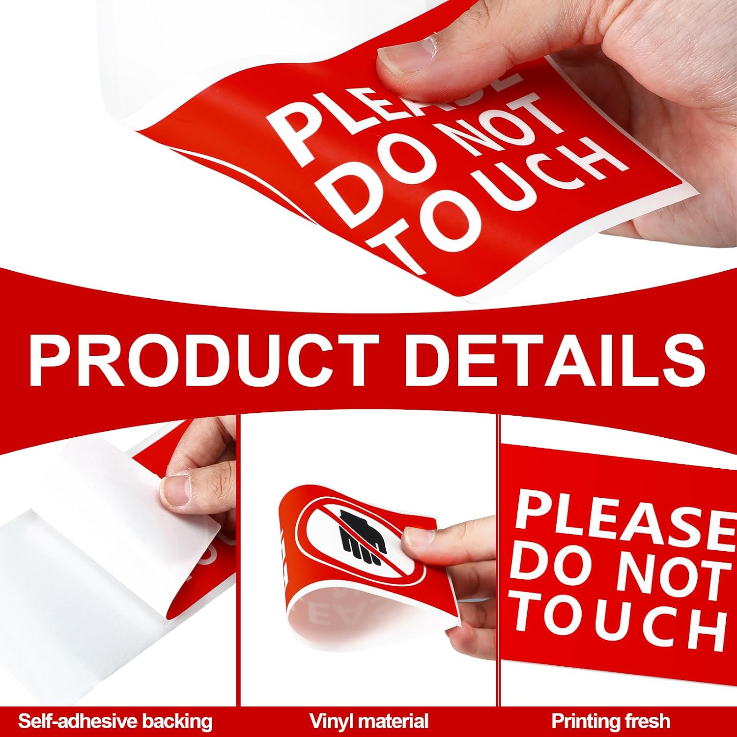 Condition photo showing As Is for 200 pcs please do not touch warning stickers tape, 3" x 6" please don't touch sign removable waterproof self-adhesive vinyl decal for display items, personal items, business and facilities
