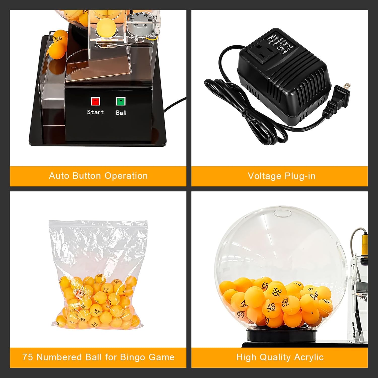 Electric Lottery Ball Machine, Automatic Bingo Raffle Cage with Acrylic Transparent Box, 75 Balls, for Parties Drafts Activities Bingo Games