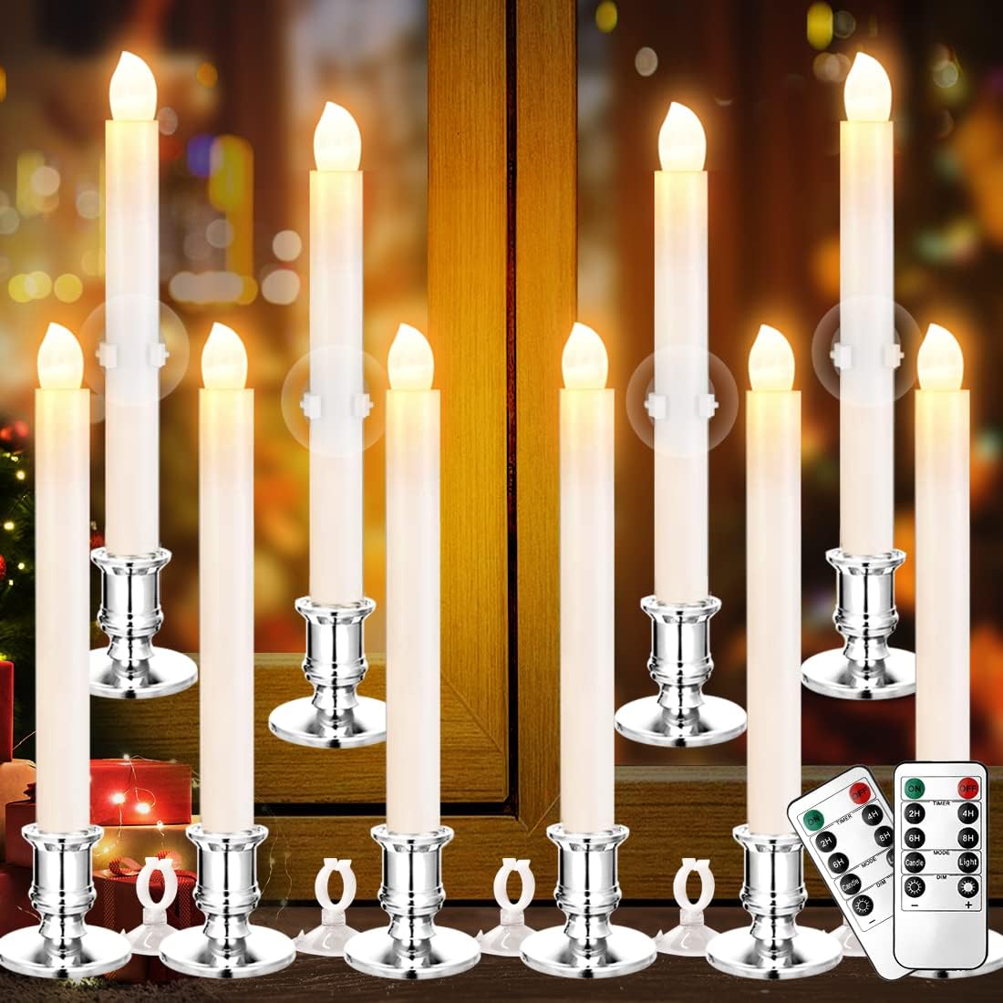 YAUNGEL Window Candles, 10 Pack LED Battery Operated Christmas Candles for Windows with Remote Electric Candle Lights with Removable Candle Holders Suction Cups for Christmas Decorations, Silver 10 Pack Silver Base
