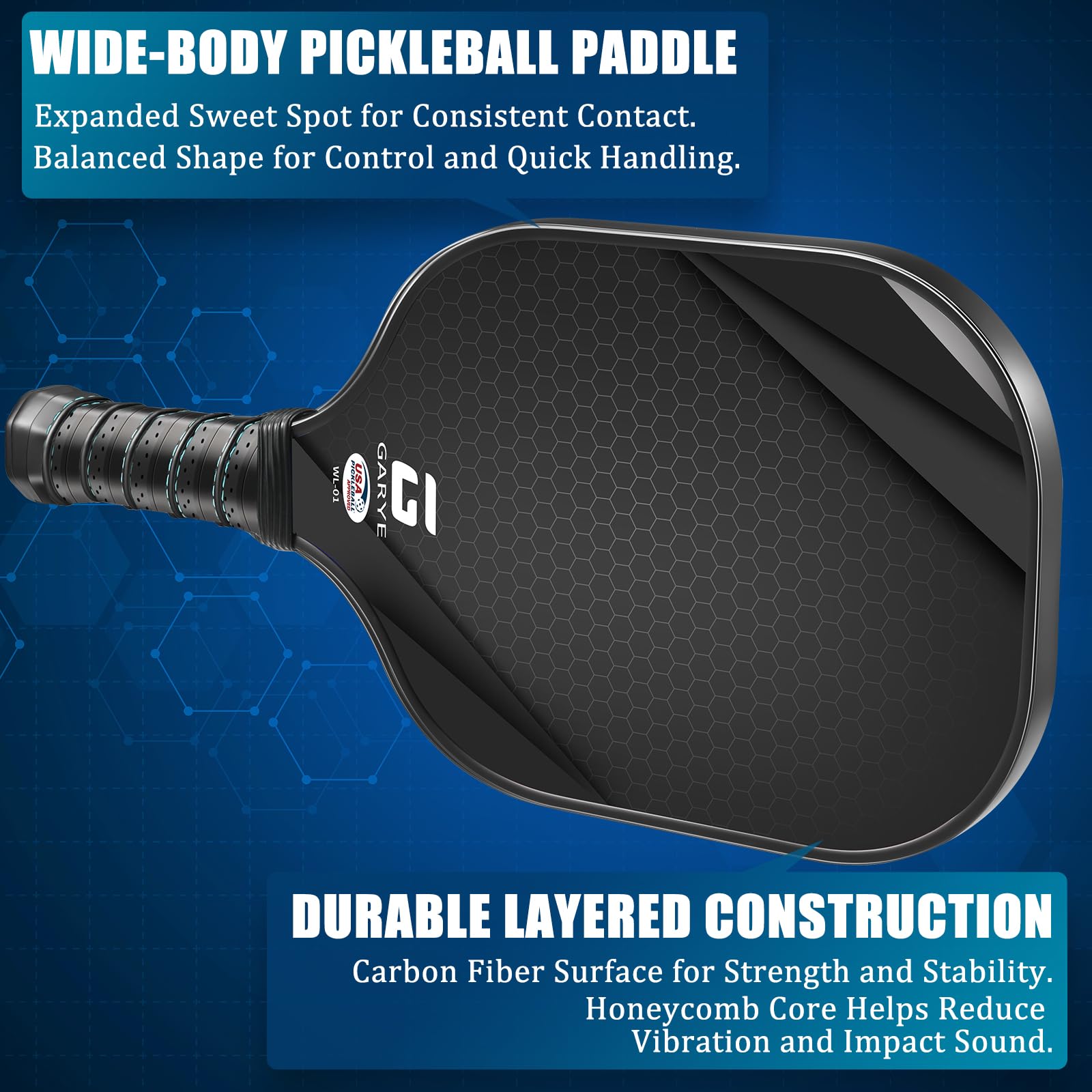 GARYE Juego de 2 palas de pickleball, juego de pickleball de fibra de carbono aprobadas por USAPA, raquetas ligeras de pepinillo, paquete de 2 con 6 bolas, 1 bolsa, par de cintas de agarre, pala de