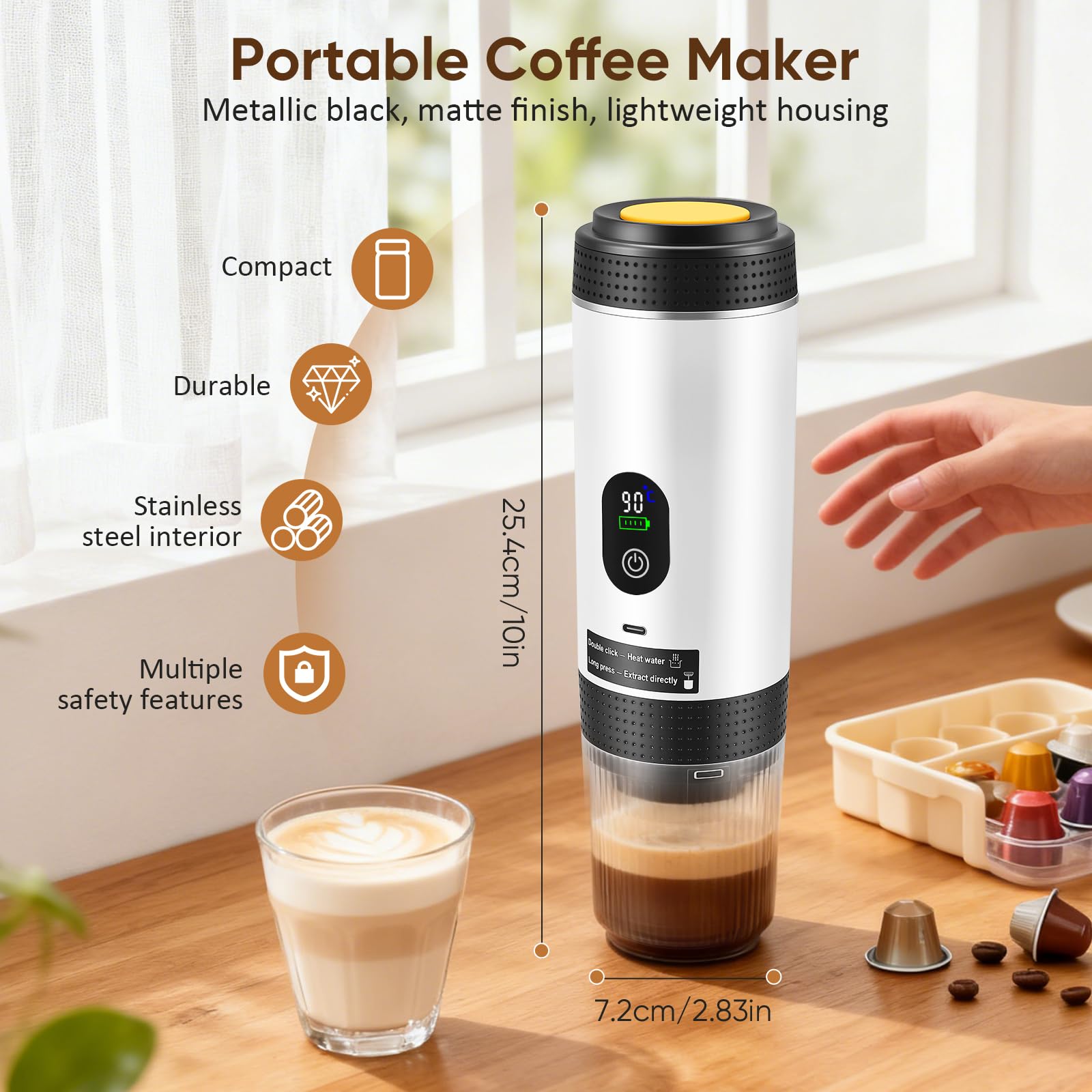 Machine à Café Portable 3 en 1 avec Batterie, Machine à Espresso USB-C pour Voiture, Compatible avec Capsules et Café Moulu, Gadget pour Camping-Car et Cadeau Camping, Blanc
