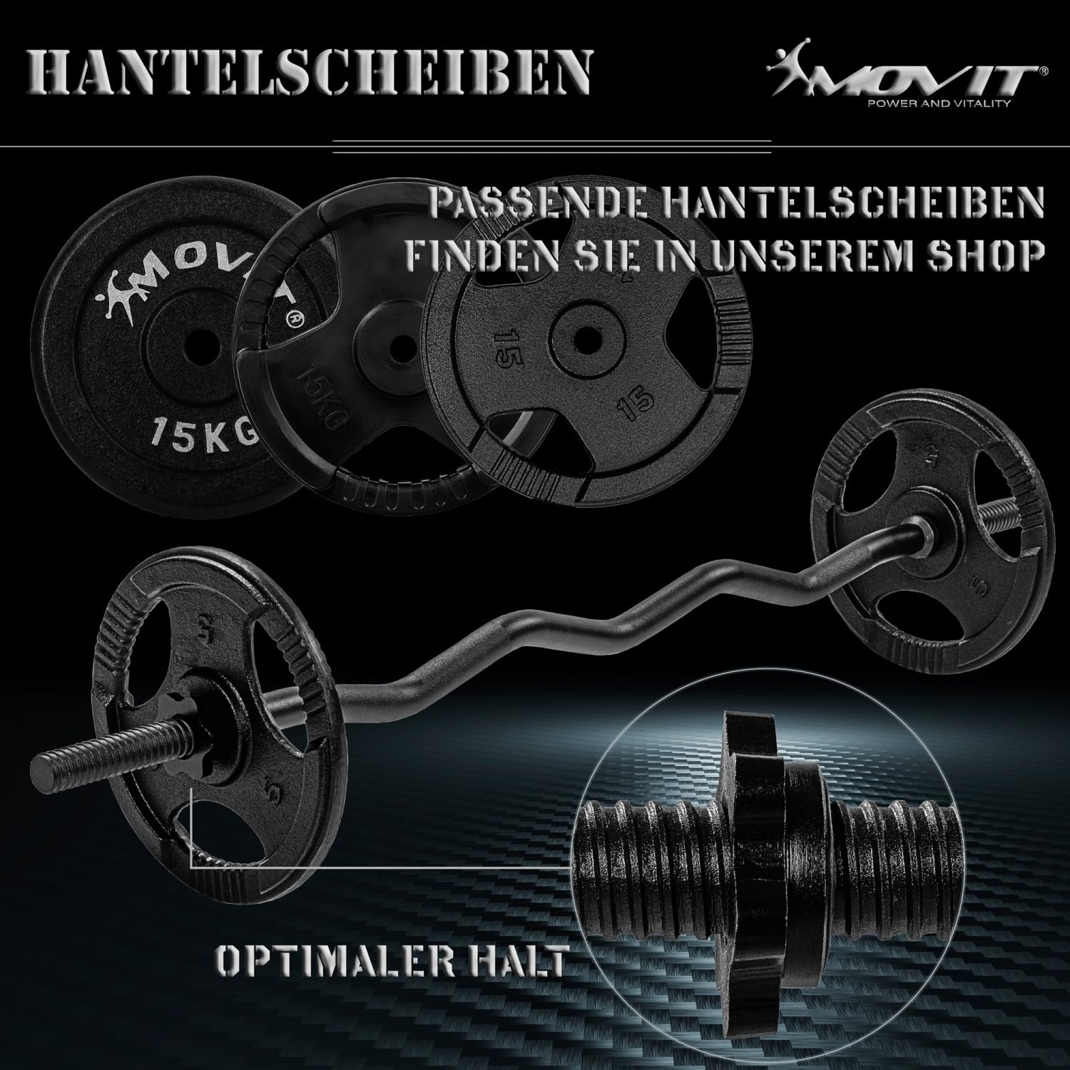 MOVIT Profi SZ Curlstange, 30mm STANDARDNORM, Auswahl: 120cm (7kg) o. 130cm (8kg), verchromt o. schwarz, Sternverschluss o. Federverschluss, Hantel Curl Stange Hantelstange