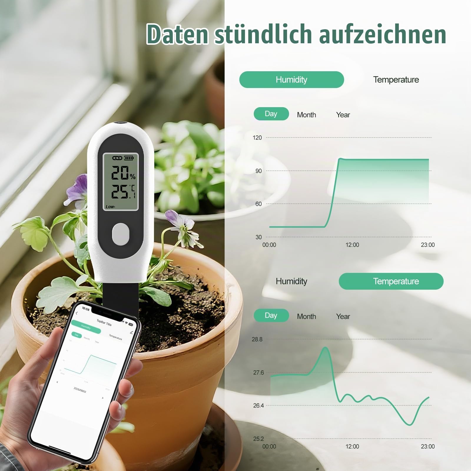 GIEX Zigbee 3-in-1 Bodenfeuchtesensor, 2er-Pack, für Garten mit Temperatur- & Lichtmessung, kompatibel mit Tuya Smart App & Home Assistant