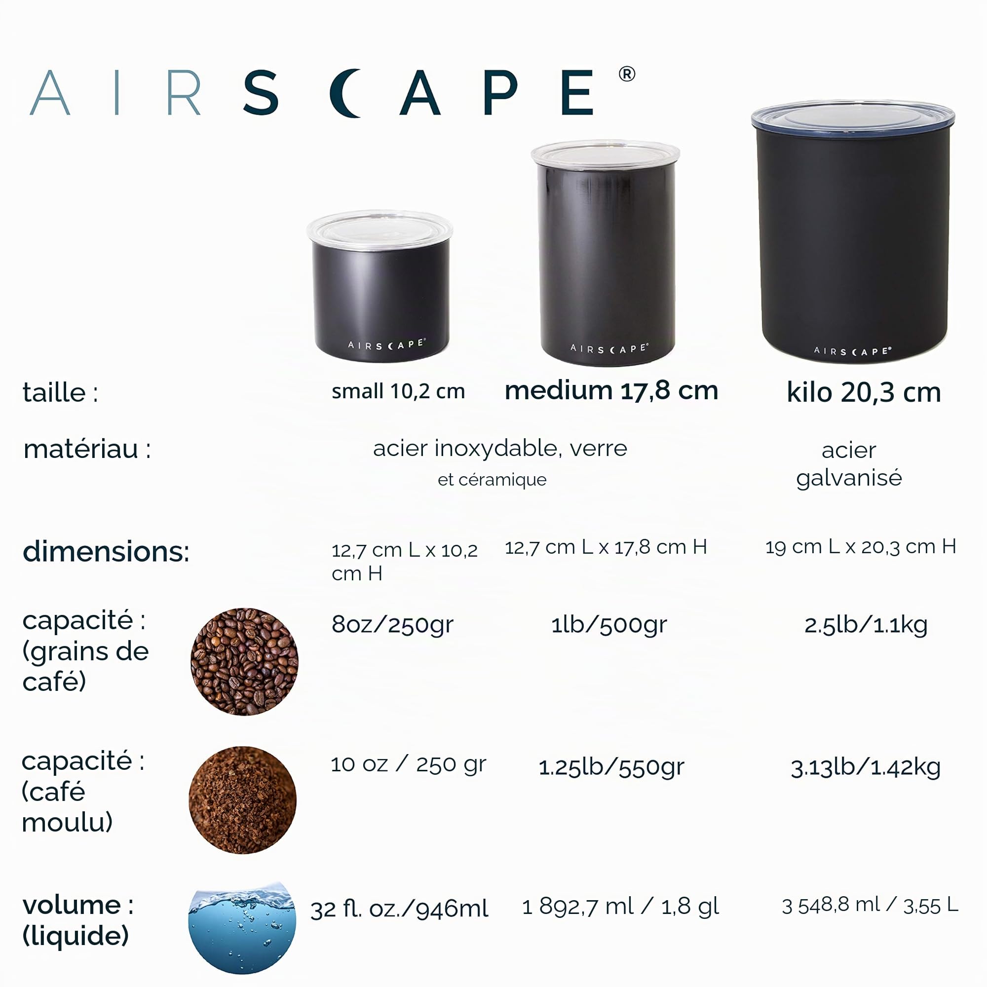 Planetary Design Airscape Boîte à café en acier inoxydable | Boîte de conservation pour aliments | Couvercle hermétique breveté | Conservation de l'air excessif de fraîcheur alimentaire (moyen,
