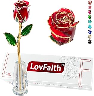 LovFaith Valentine Gift Real Rose Dipped 24K Gold with Crystal Stand, Best Anniversary Rose Gift for Her Wife Mother Birth...