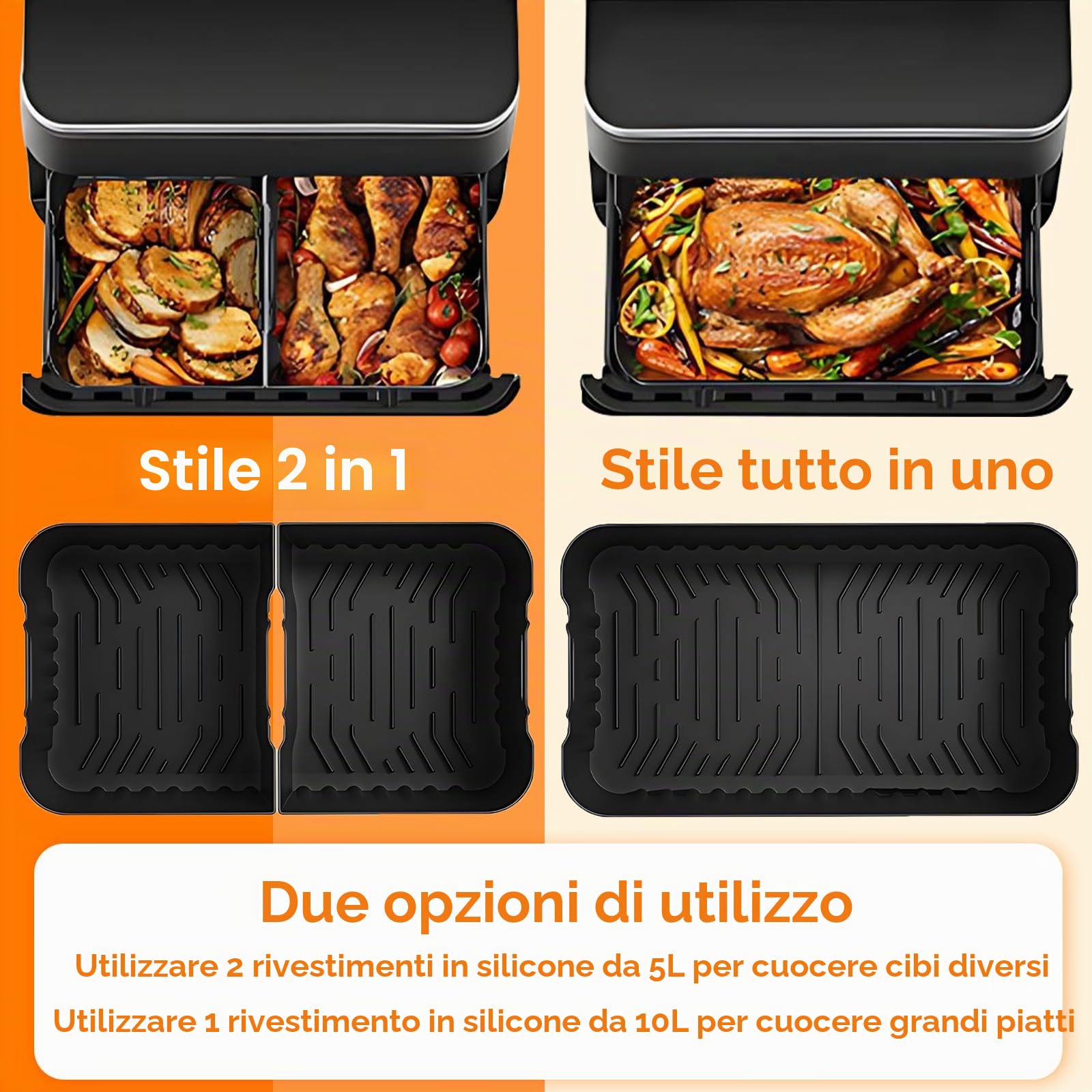 Fodere in silicone per friggitrice ad aria, accessori per Cosori Dual Airfryer TwinFry, 1 x 10 L + 2 x 5 L grande fodera flessibile, cestelli per friggitrice ad aria, griglia, pinza, spazzola per olio