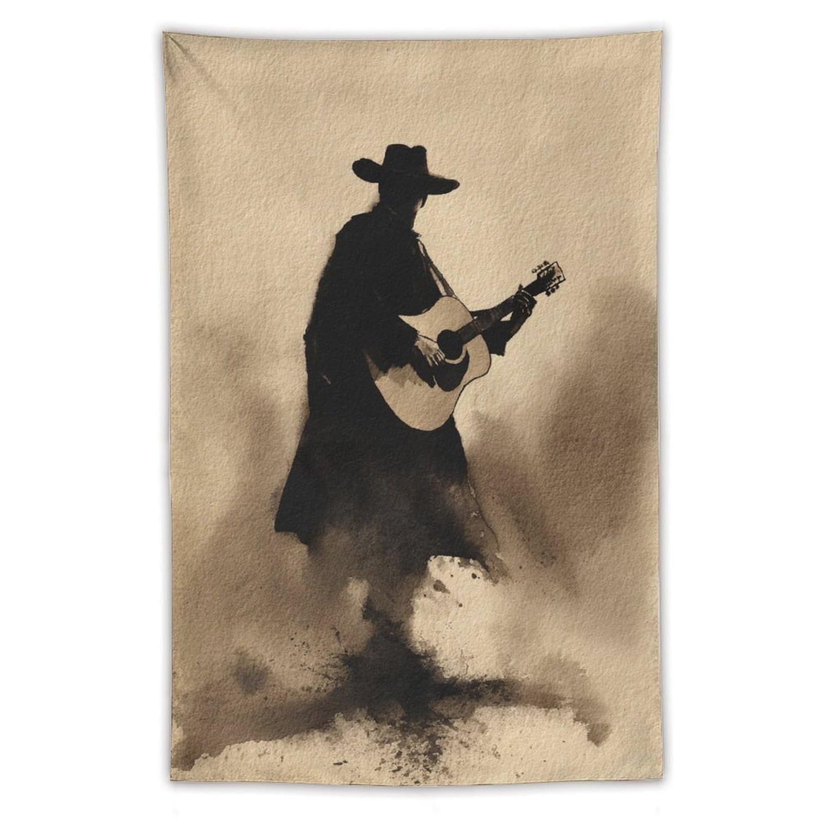 Jubonexis Abstract Western Cowboy Holding Guitar Tapestry Polyester Aesthetic Wall Hanging Bedroom Living Room Dorm Decor 40"x60"