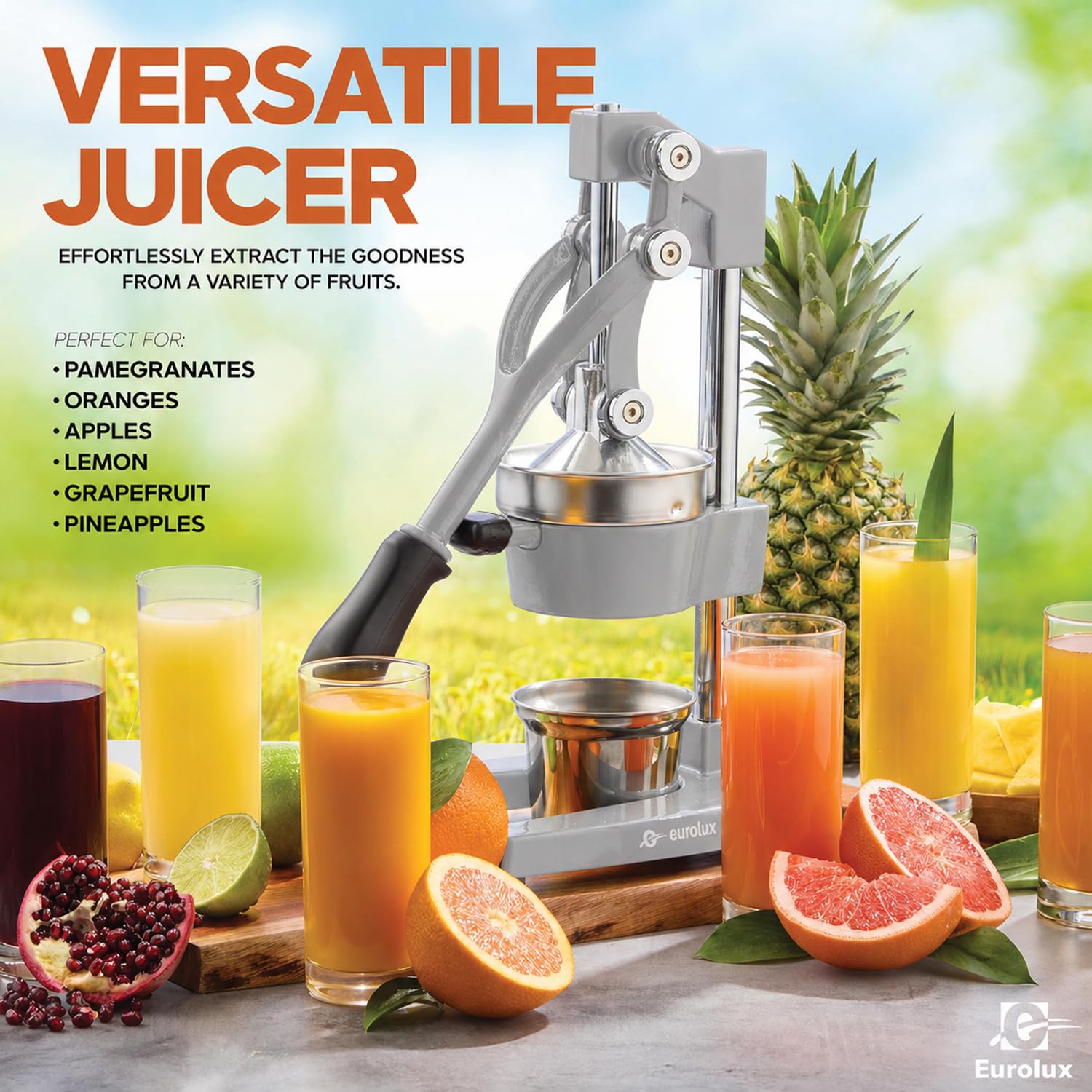 Eurolux Exprimidor de hierro fundido ultra premium, extra grande, resistente, grado comercial, prensa manual de acero inoxidable, exprimidor de cítricos para jugo de naranja fresco, granada, limón y
