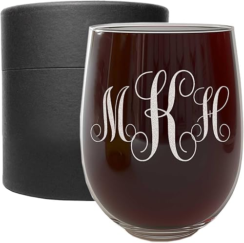 Monograma grabado para el Día de la Madre personalizado de 17 onzas, copa de vino sin tallo, mujer, regalos personalizados para mamá, regalos