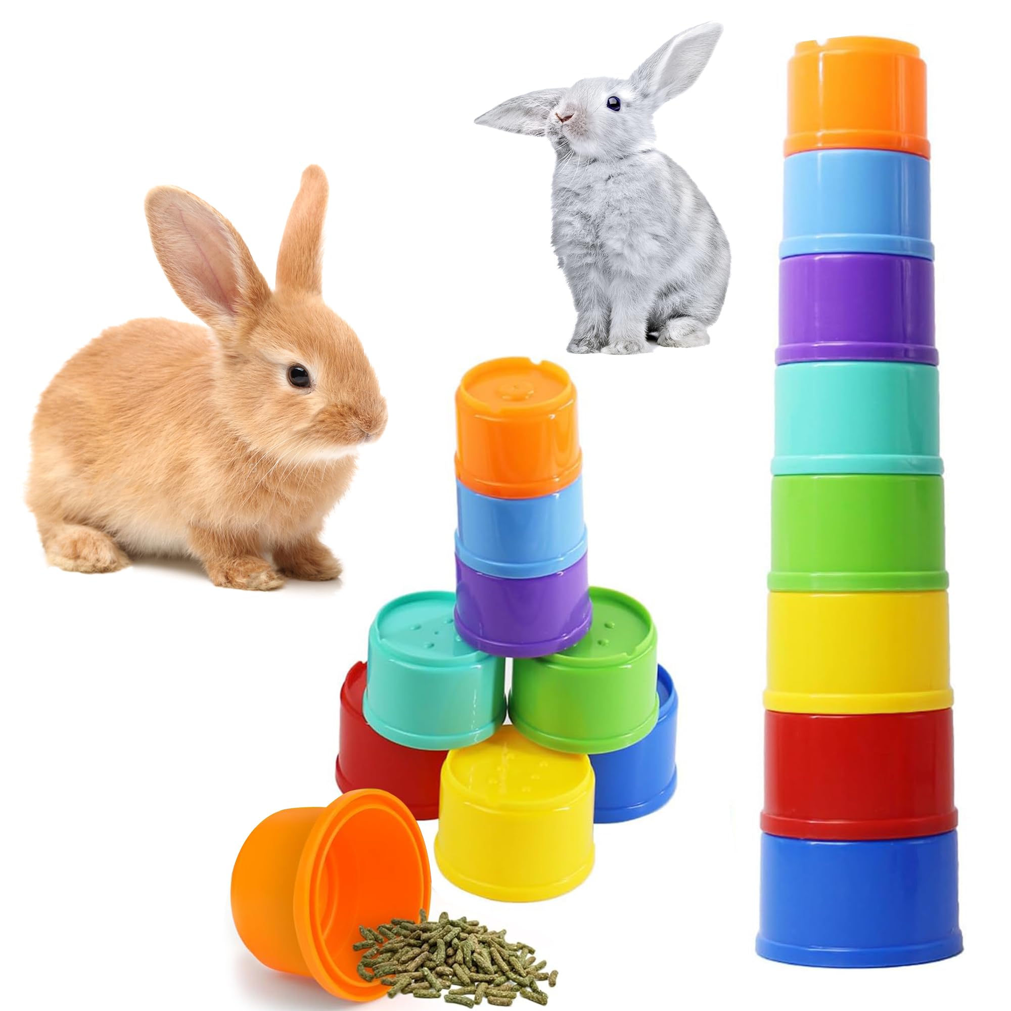 AMSGANK 8 PCS Stacking Cups, Rabbit Stacking Cups Bunny Pet Toys Rabbit Toys for Hiding Food and Playtime Fun Stack Up Cups for Guinea Pigs Small Animals (Multi-Coloured)