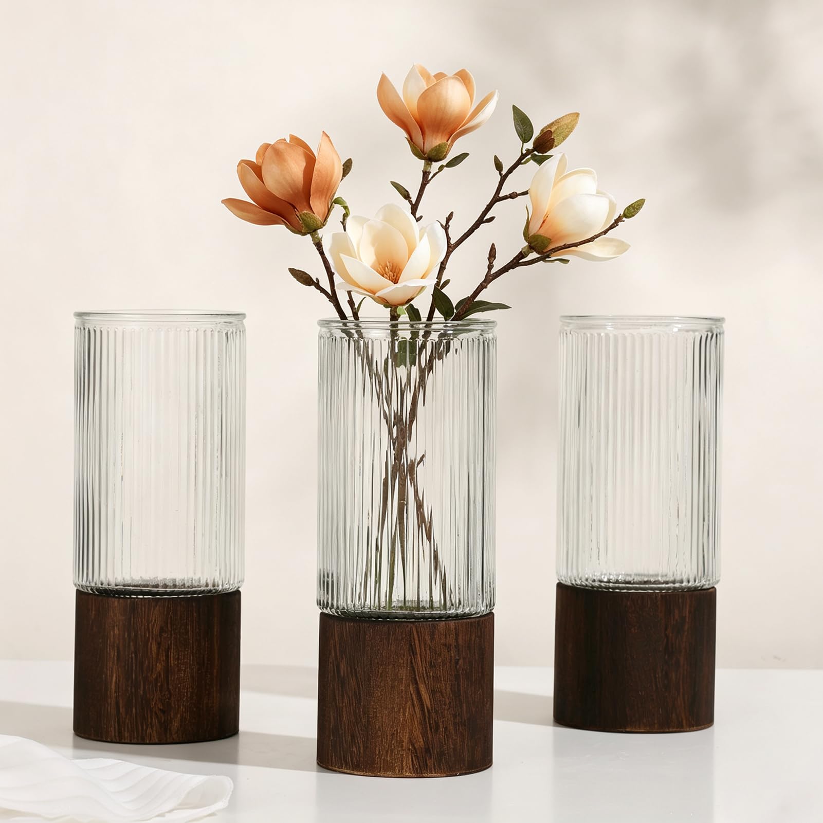 View 1 of ***STOCK PHOTO FOR REFERENCE **Ribbed Glass Vase Set of 3, Clear Cylinder Flower Vase with Detachable Base