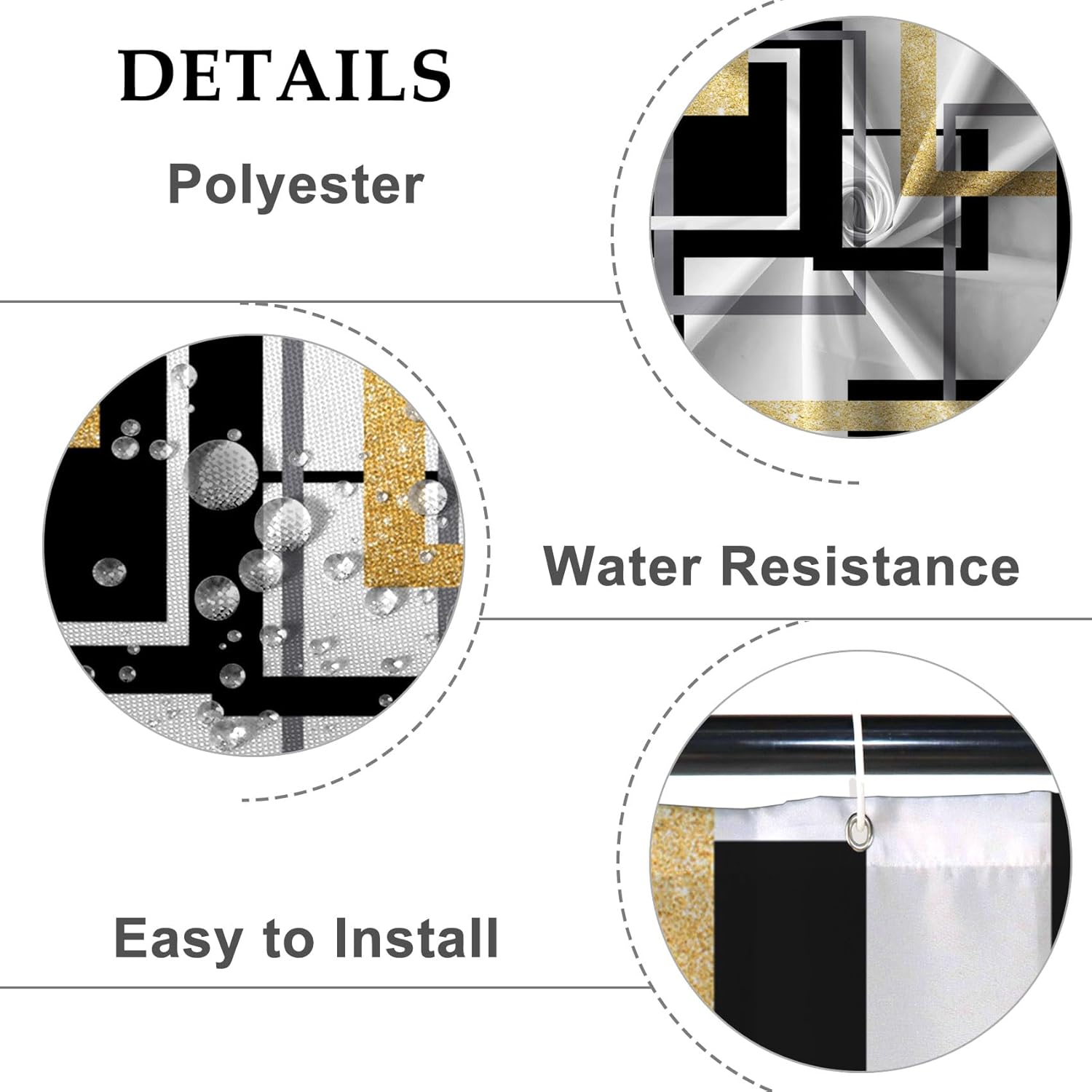 Baocicoo Modern Geometric Shower Curtain Black White Gold Geometry Squares Bath Curtain Abstract Mid Century Farmhouse Hotel Home Bathtub Decor Waterproof Curtain for Bathroom with Hooks 72x78 Inches