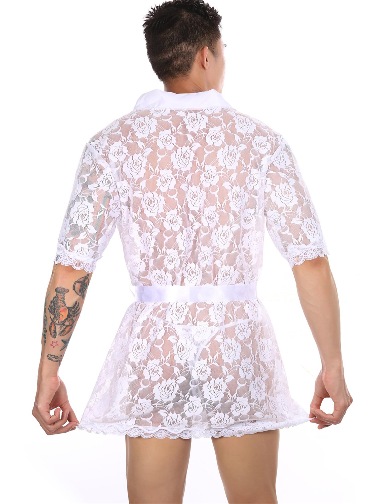 FEOYA Homme Peignoir de Bain Transparente avec Strings Robe de Chambre Dentelle Manches Courtes Sissy Lingerie de Nuit Vêtement