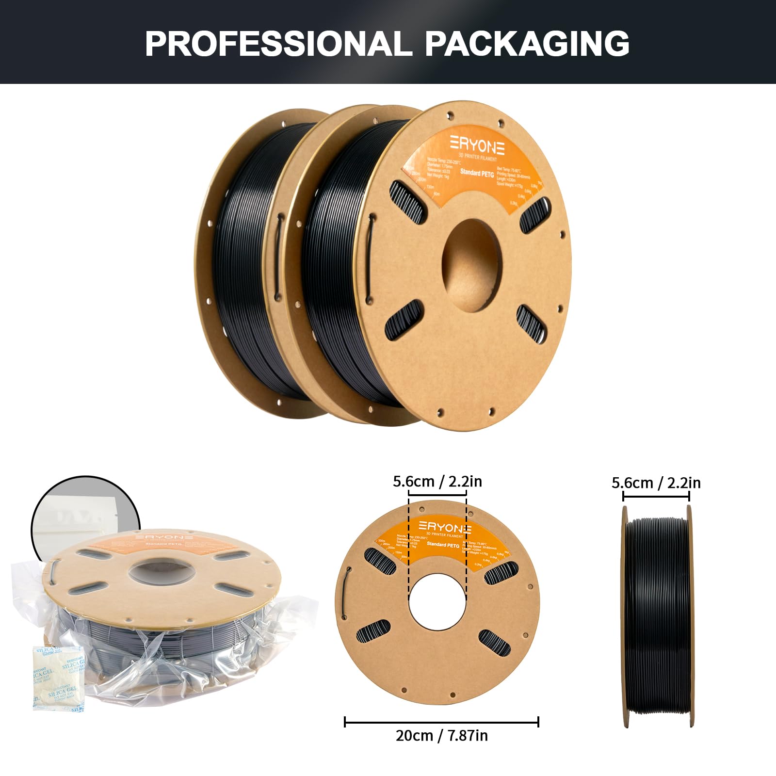 ERYONE PETG Filament 1.75mm, Filament PETG for 3D Printer 2KG, +/-0.03mm, 2 Pack 1KG Cardboard Spool, Black
