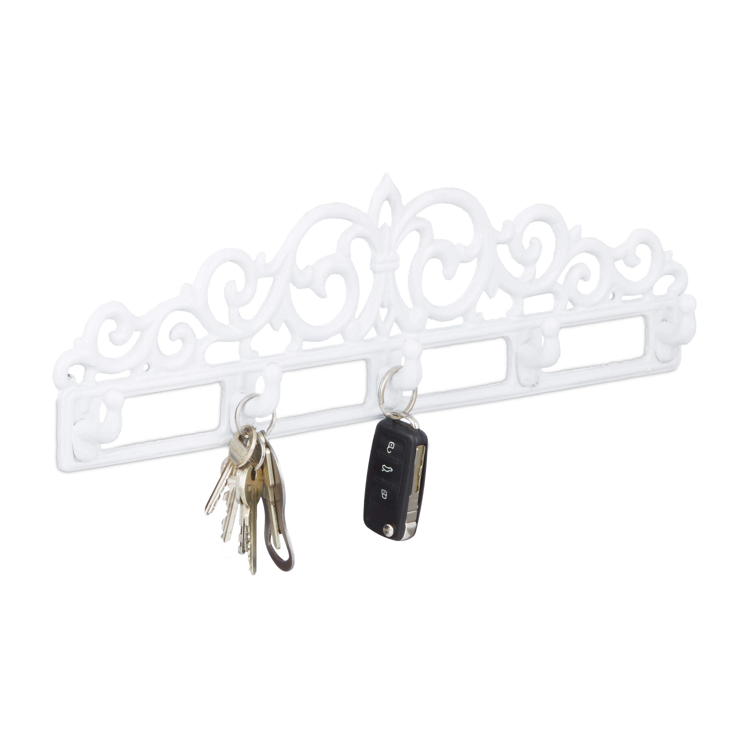 Relaxdays Appendiabiti da Parete Porta-​chiavi in Ghisa, 5 Ganci, Stile Antico, Rustico, HxLxP: 17x35x3,​4 cm bianco