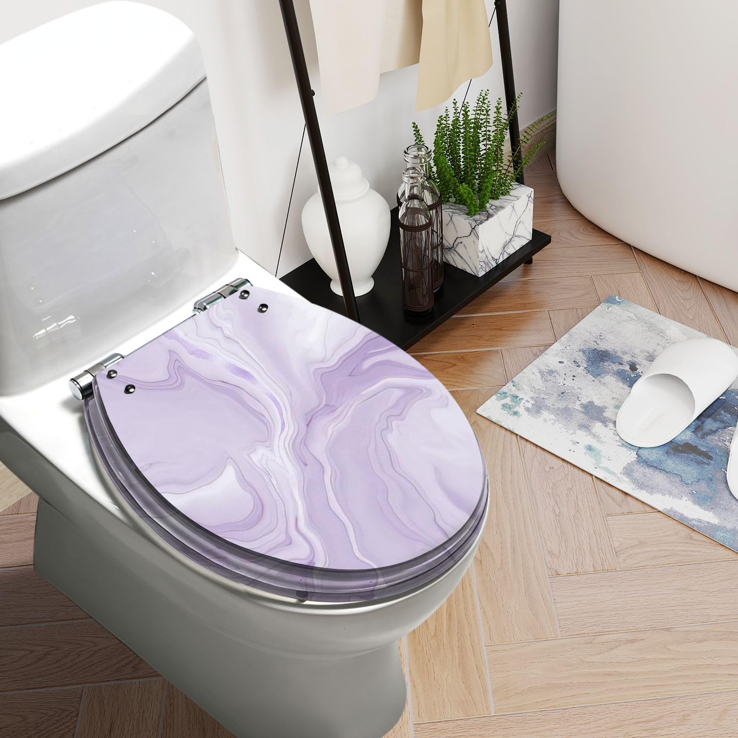 Round Toilet Seat Abstract purple liquid marble watercolor glitter textured stripes Resin Toilet Seat Slow Quiet Close with Quick-Release Hinges Toilet Seat with Cover Easy to Clean Install
