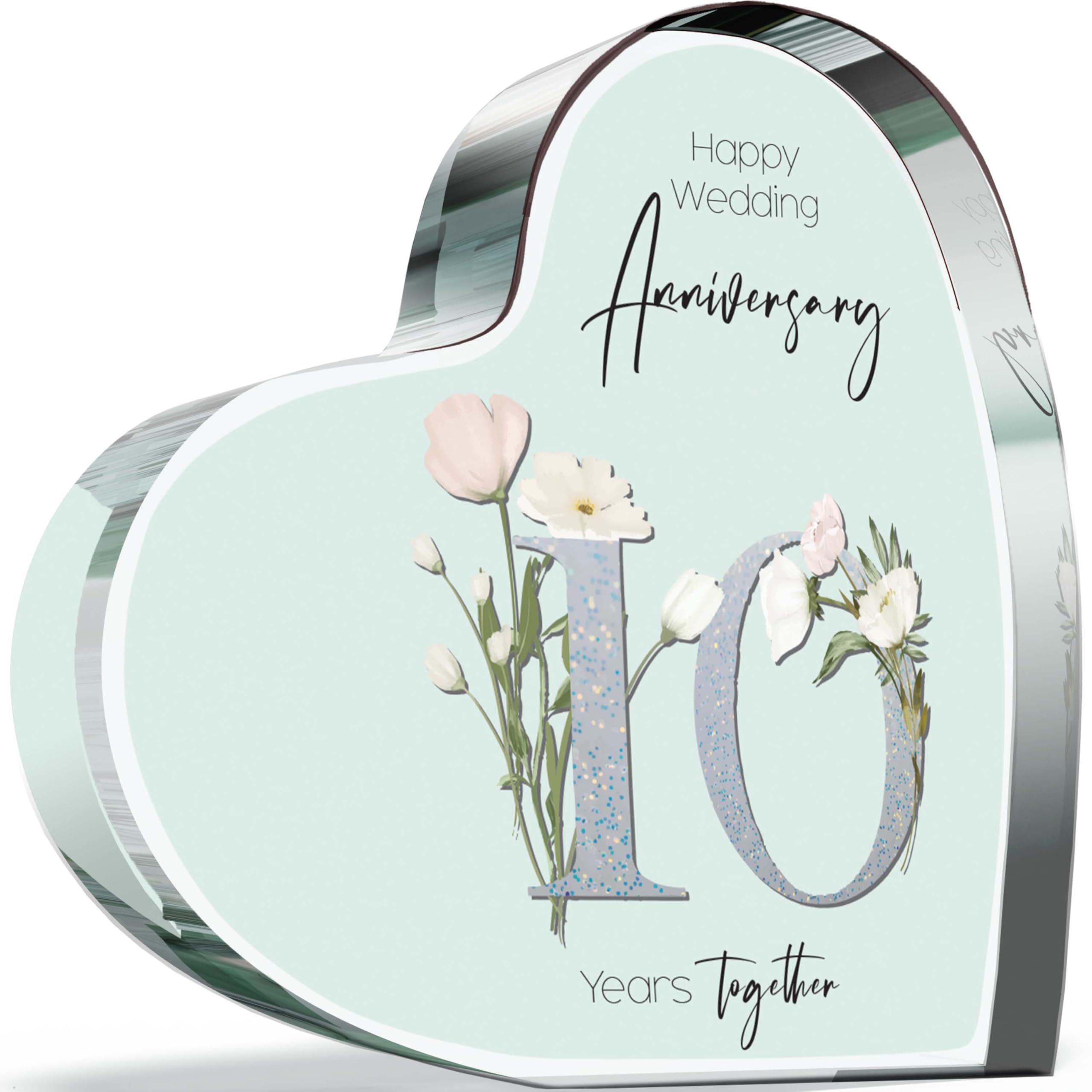 Giftzie Women's 10 Th Anniversary Plaque Gifts For Wife Husband - Years Together - I Love You Romantic Acrylic Heart Gift For Men, 0Mm Floral Present For Couples Tenth Anniversaries