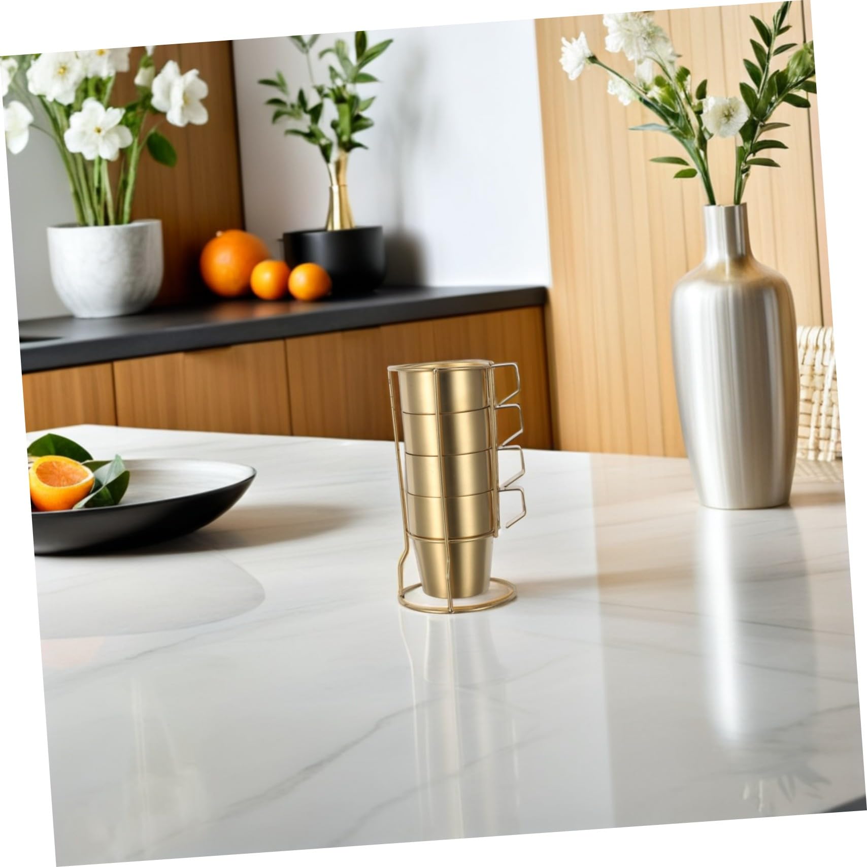 Tazas de Café de Acero Inoxidable Aisladas con Doble Pared y Asa de Tazas Apilables con Soporte Dorado Resistentes y Ergonómicas para Camping y Bebidas Calientes