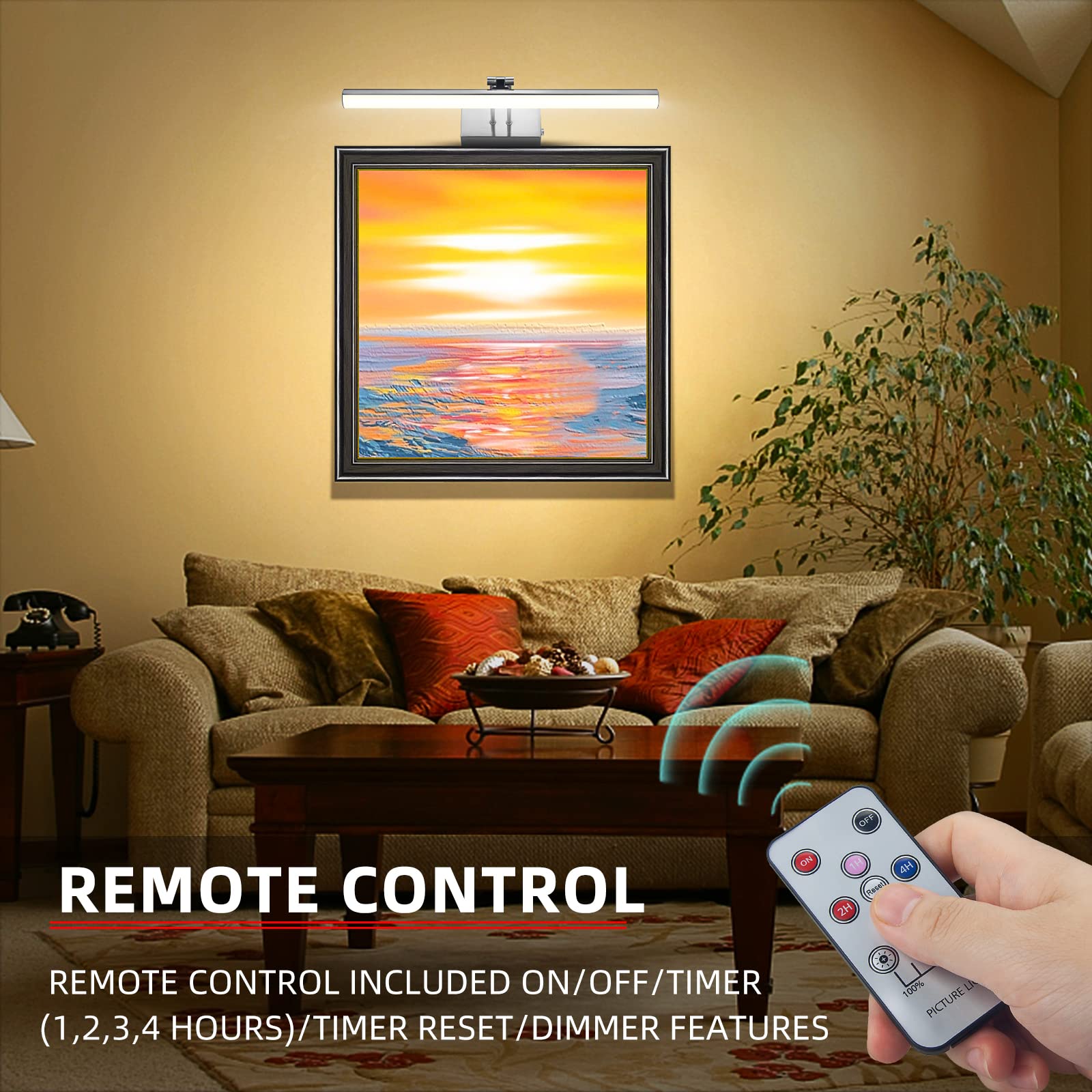 FUNCHDAY Wireless Picture Light,Remote Picture Light Dimmable and Timer,Battery Wall Light with Rotatable Light Tube,16“ Metal Art Display Light for Painting Frame Artwork Portrait L-Nickel