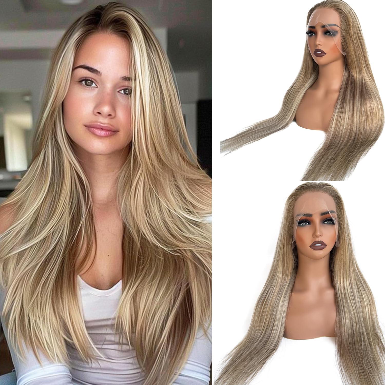 Valiilo Ombre Blonde Lace Front Wig Human Hair Pre Plucked 22 Inch Glueless 13x4 Frontal Lace Wigs 180% Density Ash Brown to Ash Blonde with #60