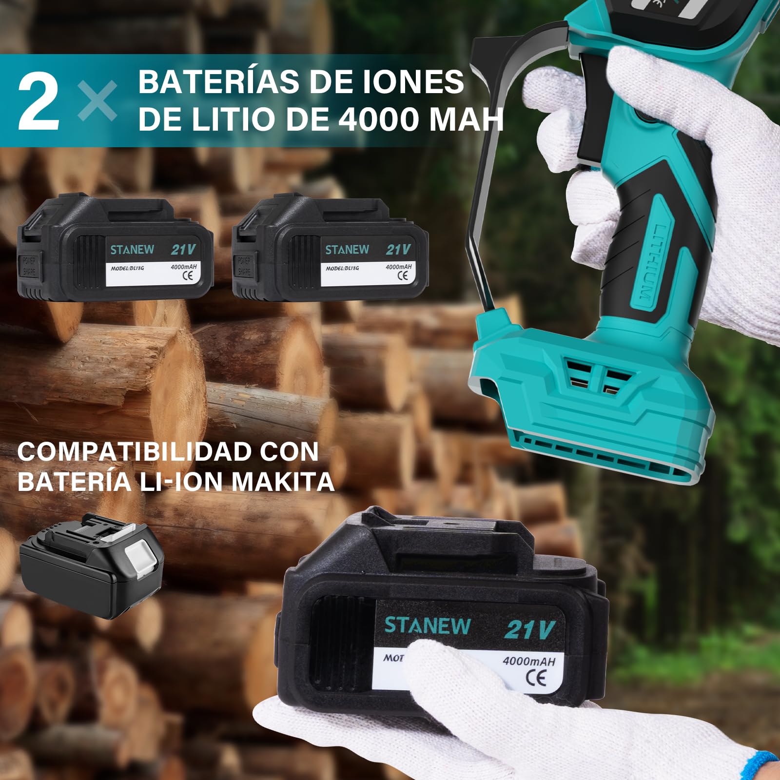 Stanew Motosierra,Batería con 2 Baterías 4000 mAh y 6 Pulgadas | Alcance hasta 4,55 m,Regulación 0-120°,Pantalla LCD,Ideal para Podar Árboles