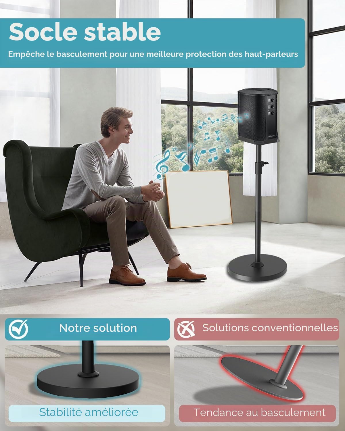 Support réglable compatible avec Bose S1 Pro / S1 Pro Plus - Hauteur réglable de 114 à 137 cm - Haut-parleurs jusqu'à 9 kg - Support de sol pour Bose S1 Pro avec gestion des câbles