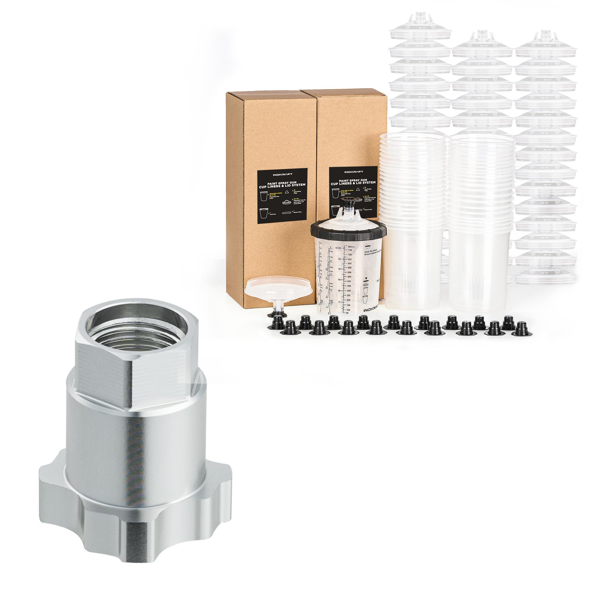 InoKraft Disposable Paint Sprayer Gun Cup, Large 28 Ounce (800ml) Kit + Spray Gun Adapter 16 mm Female, 1.5 mm Thread, Compatible with InoKraft D1 LVLP, Harbor Freight Air Spray Gun, AEROPRO R500, Iwa