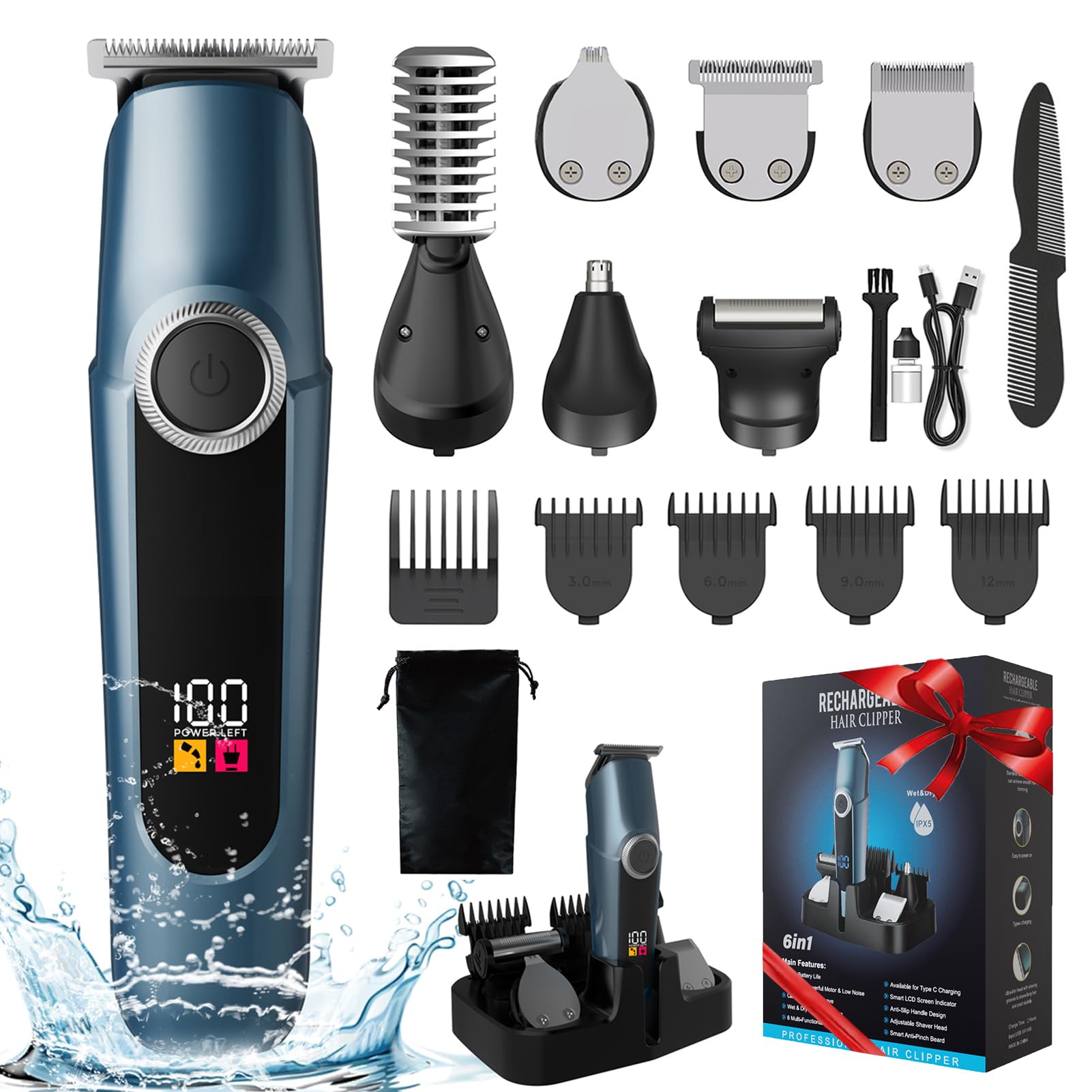 Beard Trimmer for Men Professional, Mustache Trimmer for Men, Mens Beard Grooming Kit, Nose Hair Trimmer, 6 in 1 Waterproof Rechargeable Electric Razor with Cordless Hair Clipper,Valentine's Day Gifts