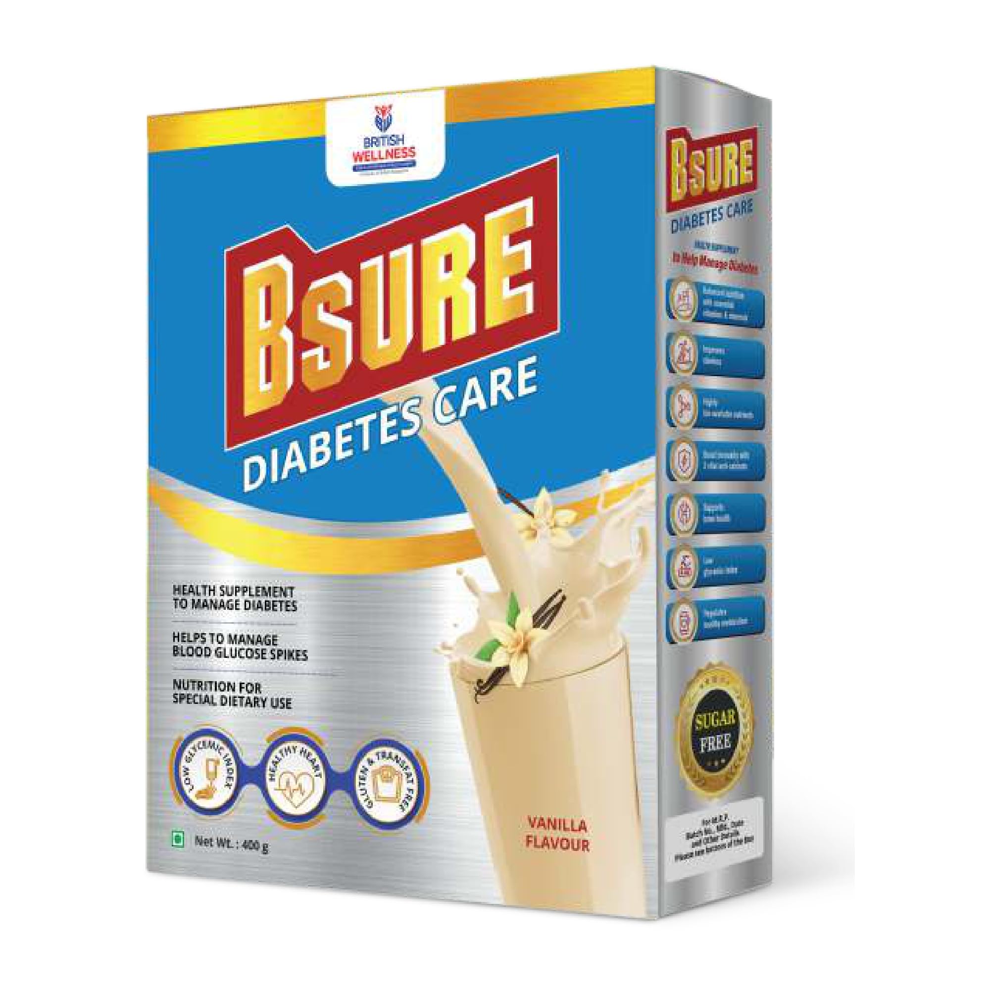 bsure Diabetes Care- Balanced Vital Nutrients to Manage Blood Sugar, Weight & Strength|Nutrition to Help Manage Diabetes|Gluten and Transfat Free|Vanilla Flavour - 400gm, powder, 1 count, 13 Servings-image-49