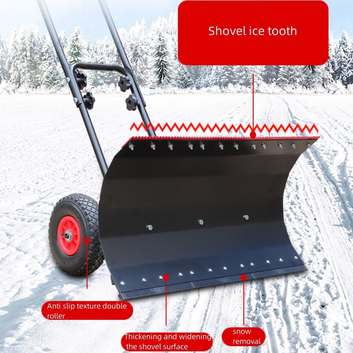 Pala de nieve resistente para entrada, empujador de nieve bidireccional resistente con ruedas, pala larga de doble propósito para quitar nieve y hielo, para puerta de acera, pala de nieve de metal