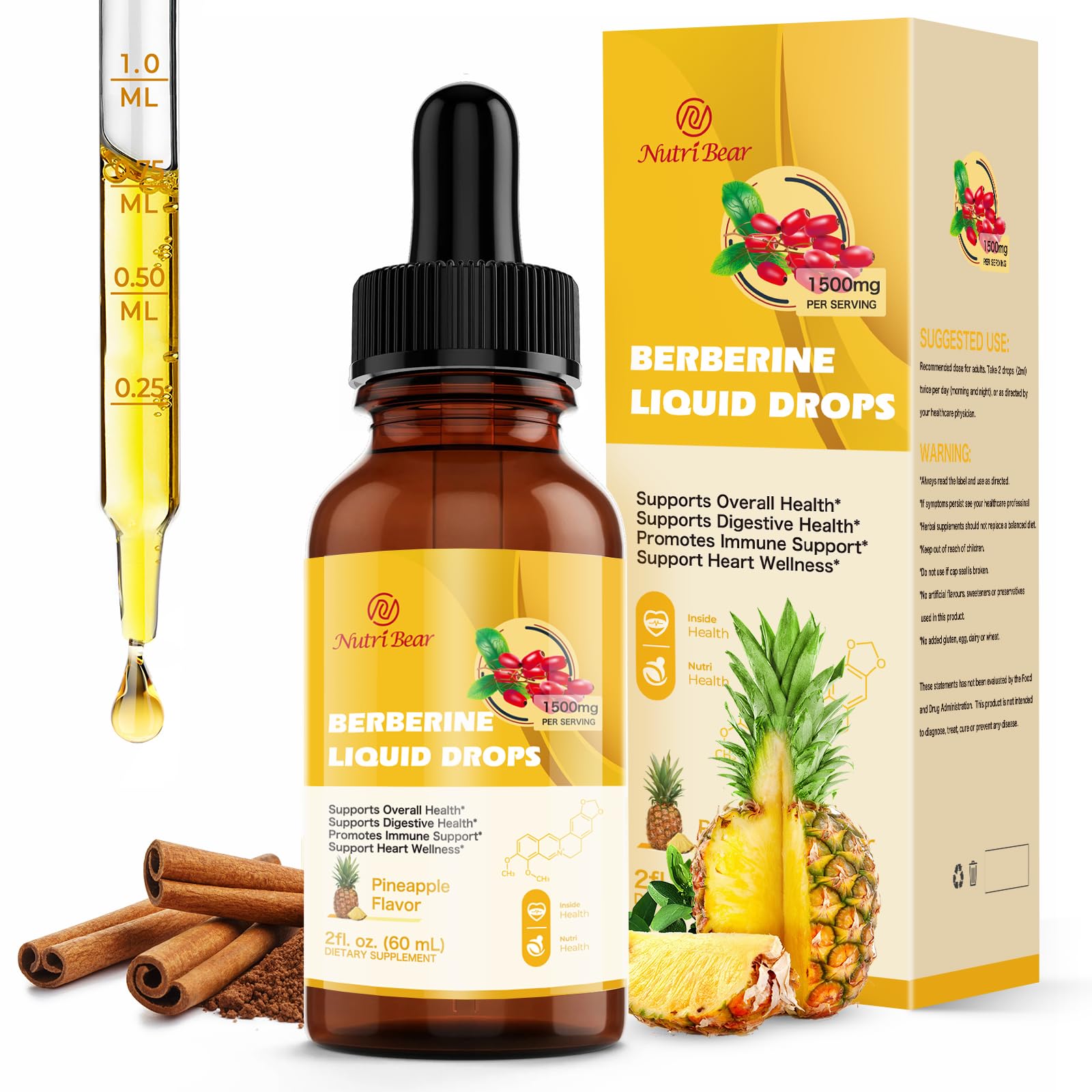 Berberine Supplement Liquid Drops, AMPK Activator with Ceylon Cinnamon, Turmeric, Bitter Melon, 12 Organic Ingredients, 10X Strength Vegan Supplements for Immune & Digestive Support, 2 fl oz