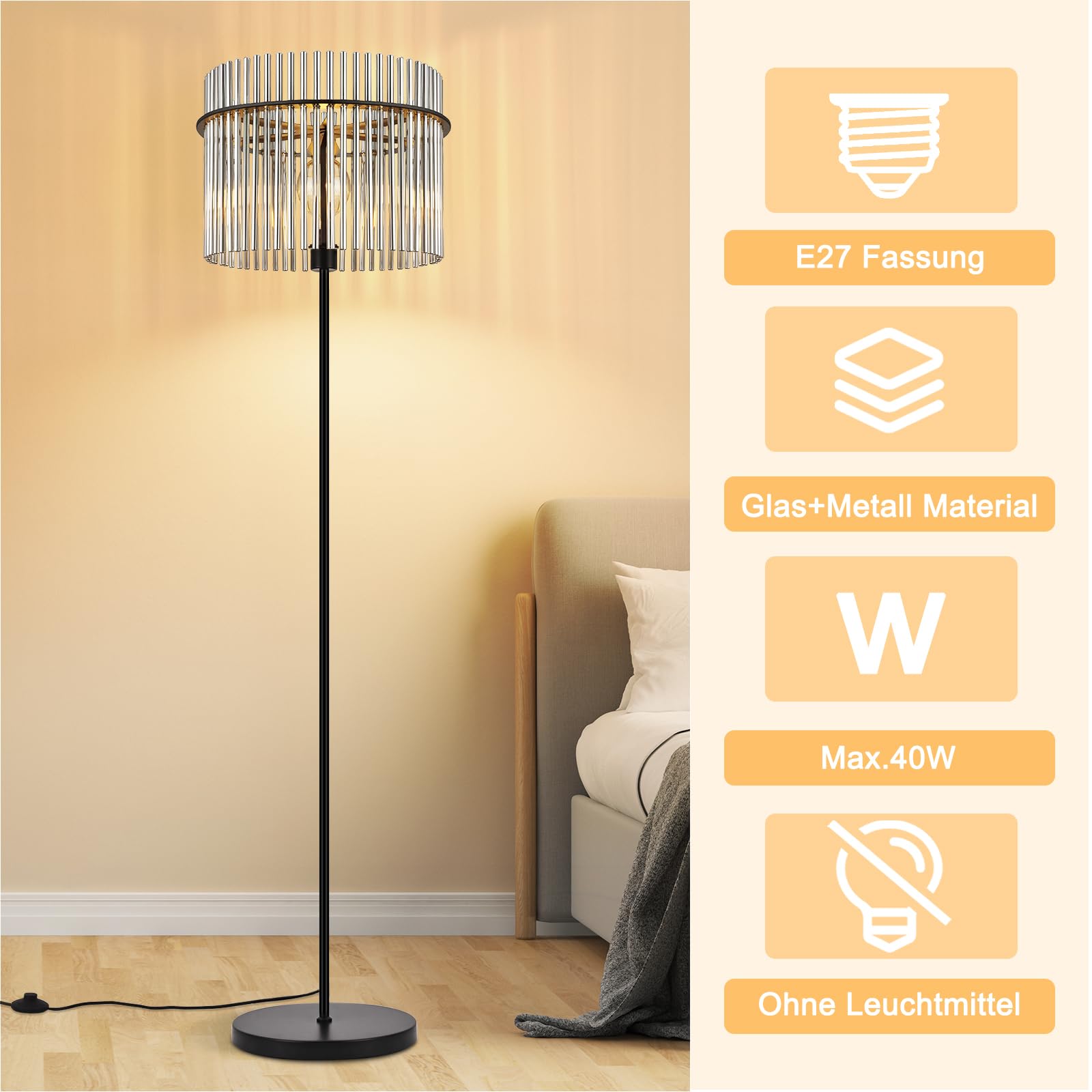 Stehlampe Schwarz Stehleuchte Glas Standleuchte Wohnzimmer E27 | mit Fußtaster Leselampe Modern Wohnzimmerlampe Stehend für Schlafzimmer Kinderzimmer Büros(Ohne Leuchtmittel)