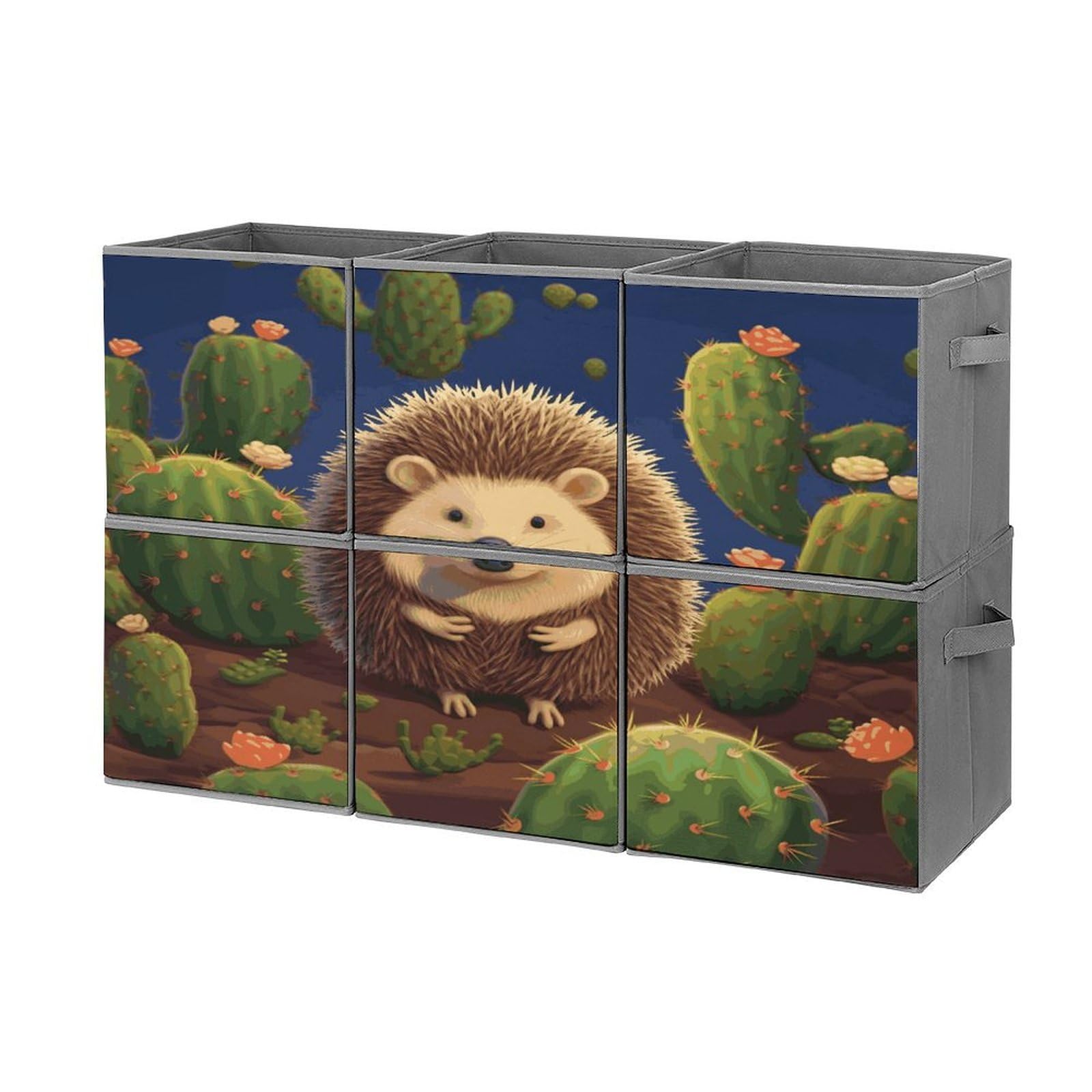 Btcowzrv Style Hedgehog Cactus Storage Cubes, 6 Pack Oxford Fabric Foldable Collapsible Bins With Handles, Cubby Storage Baskets Boxes For Closet Shelves Office Organization
