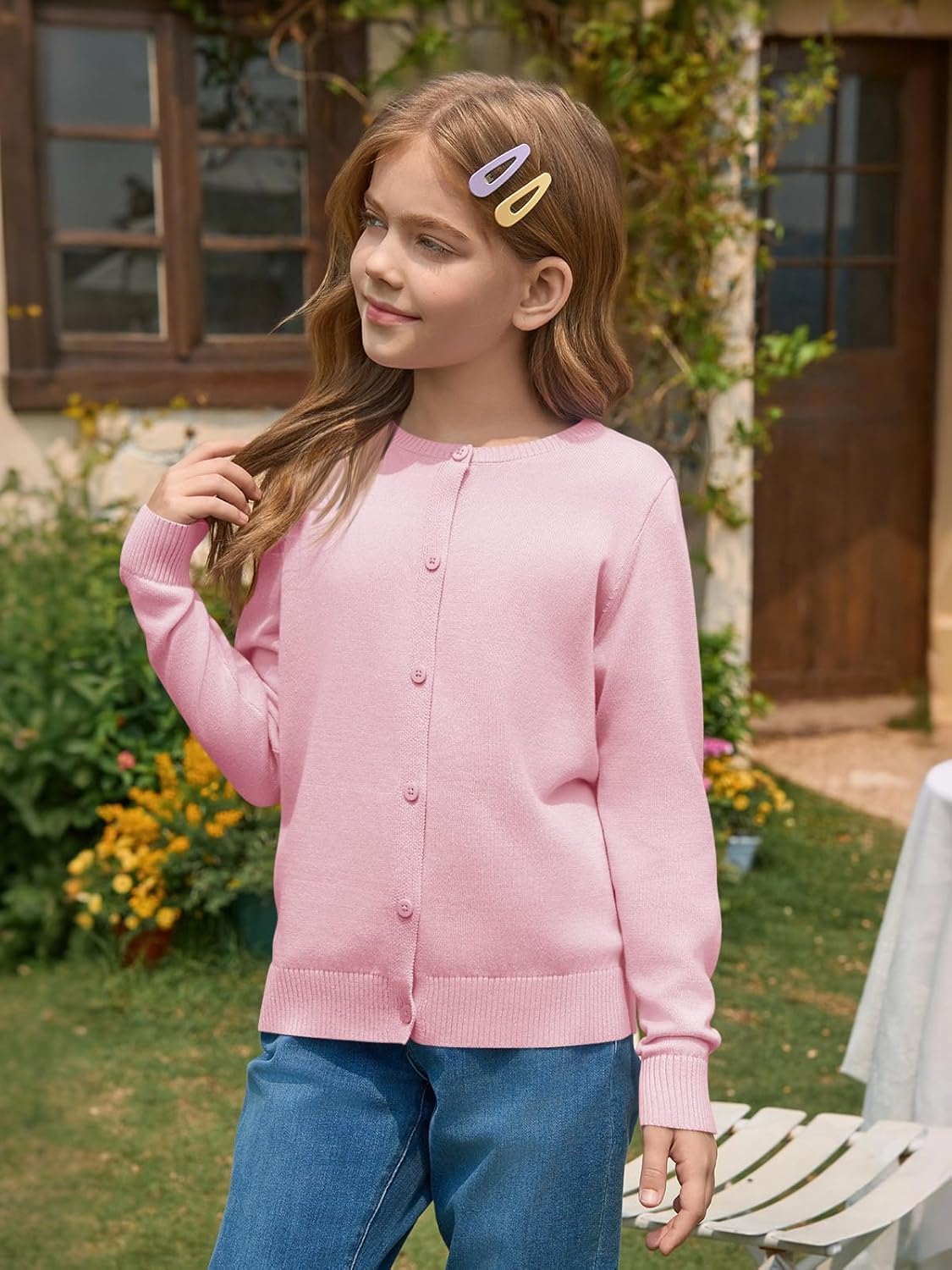 Haloumoning Girls Button Down Cardigan Kids Long Sleeve Crewneck Uniform Knit Sweater 5-14 Years - Image 3