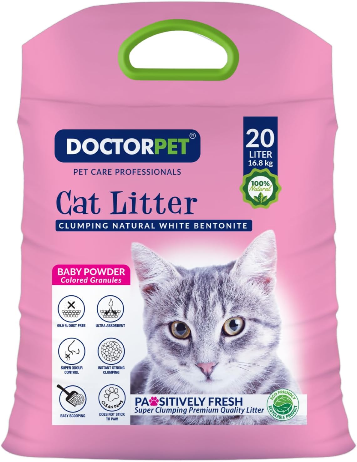 Doctor Pet Cat Litter Baby Powder 20L – 100% Natural Clumping Bentonite,Scented, Ultra Absorbent,Easy Scooping, Dust-Free, Odor Control, Easy Scooping, Hypoallergenic & Non-Stick Paw Formula