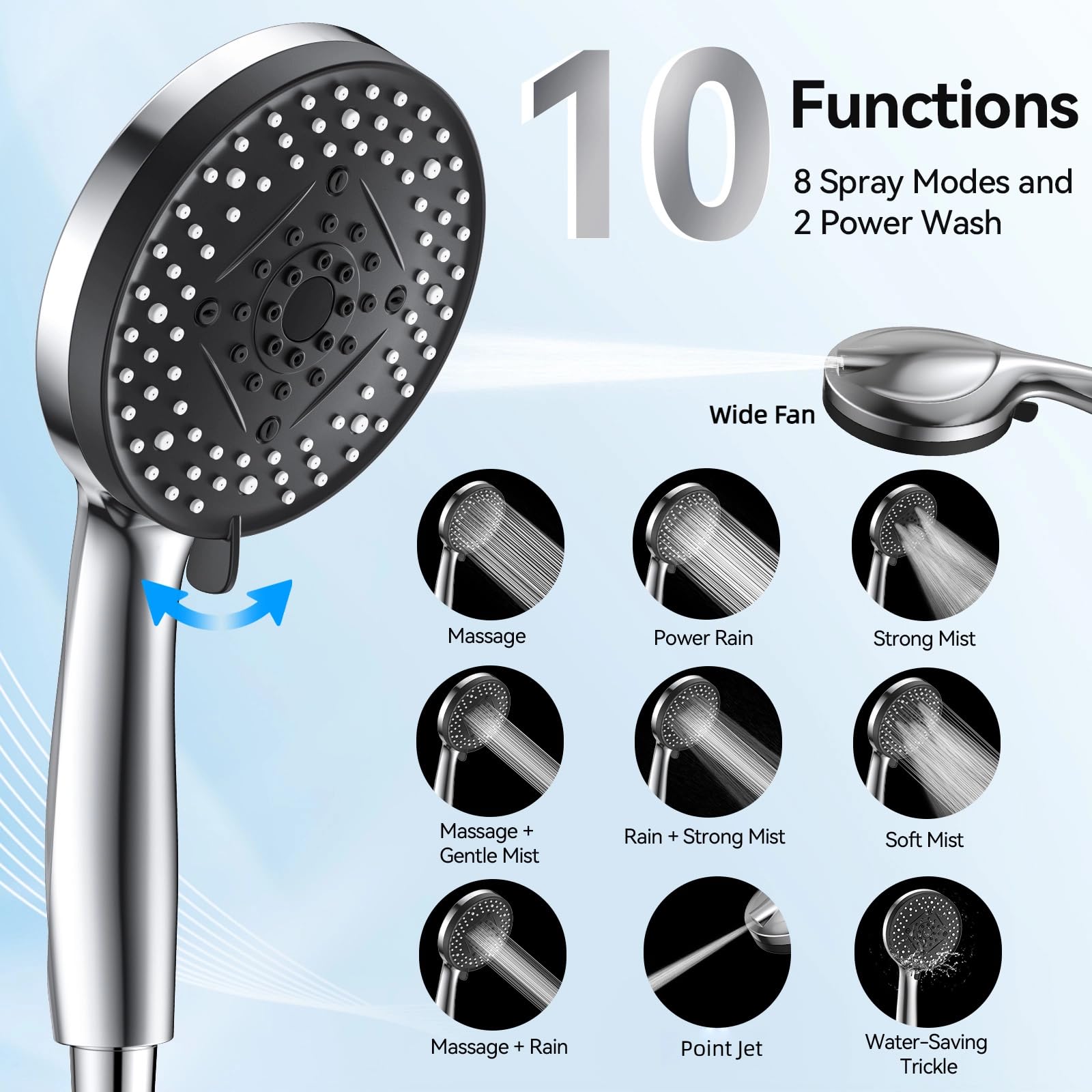 VOXON Pommeau de douche haute pression avec poignée - 10 modes de douche avec tuyau de 1,5 m - Pomme de douche à économie d'eau - Buses anti-obstruction - Mode pause intégré - Pour douche, nettoyage