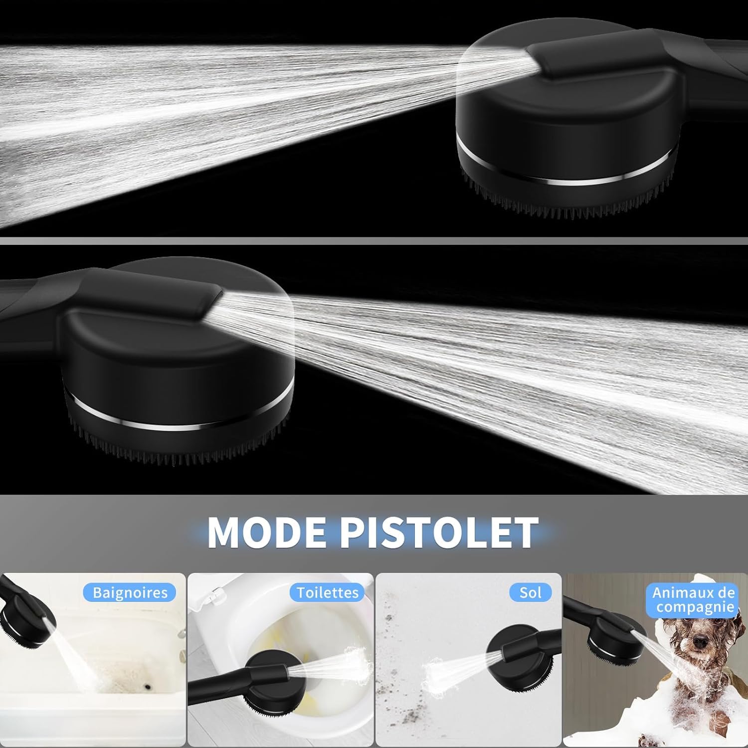 Pommeau deouche Haute Pression, Pommeau Douche Economie Deau 4 Types de Jets Pommeau de Douche Anti Calcaire avec Tuyau Douche 1.5M et Support de Douche, avec Bouton D'arrêt D'eau,Noir