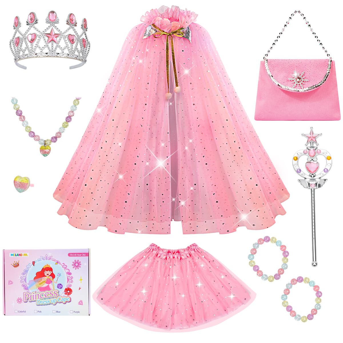 Meland Princess Dress up Clothes for Girl, 11Pcs Princess Cape with Kid Crown Toys,Dresses for Girl 3,4,5,6,7,8 Birthday Gift