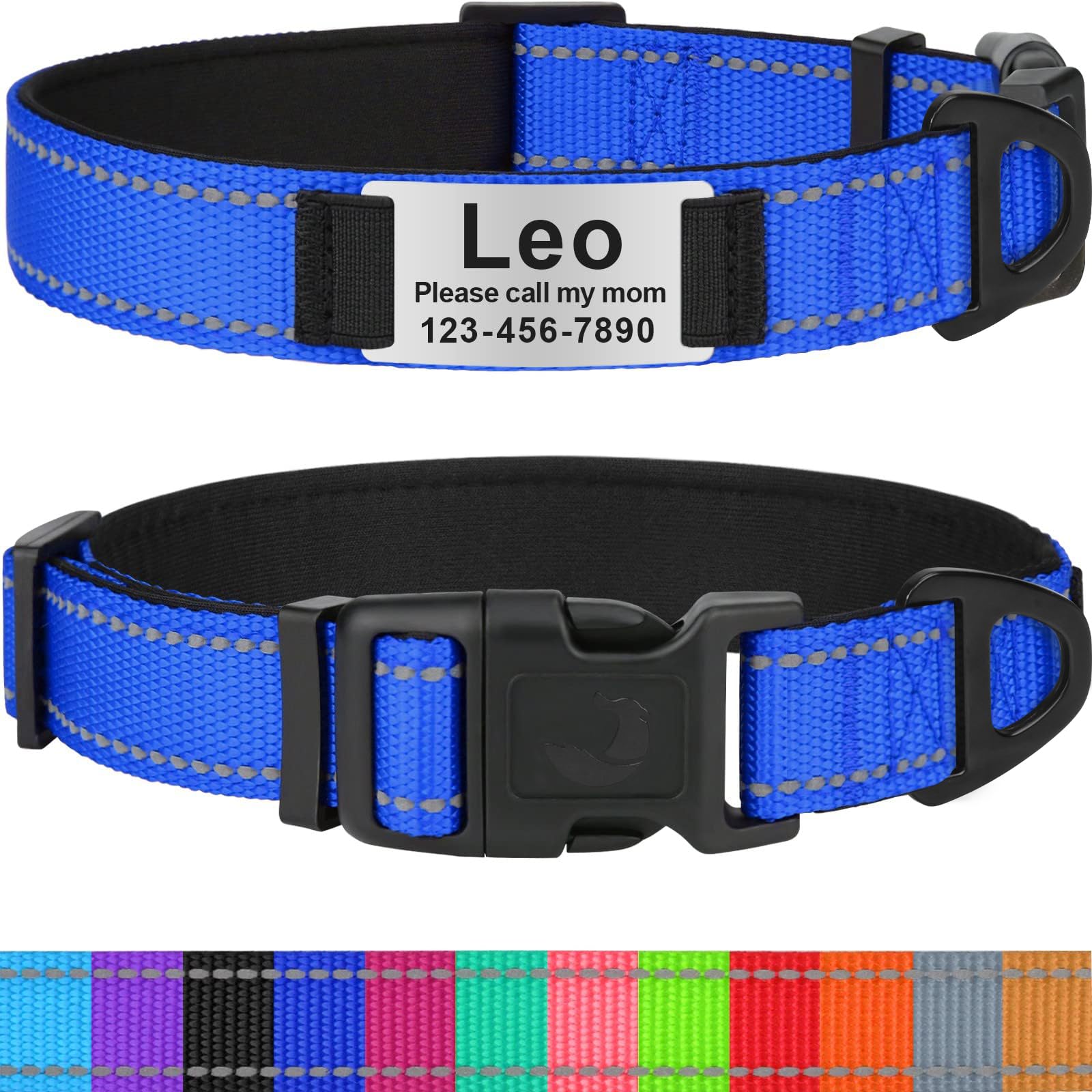 Taglory Personalized Dog Collars for Small Dogs, Custom Reflective Collar with Name Plate, Padded Pet ID Tags with Engraved Slide, Navy Blue