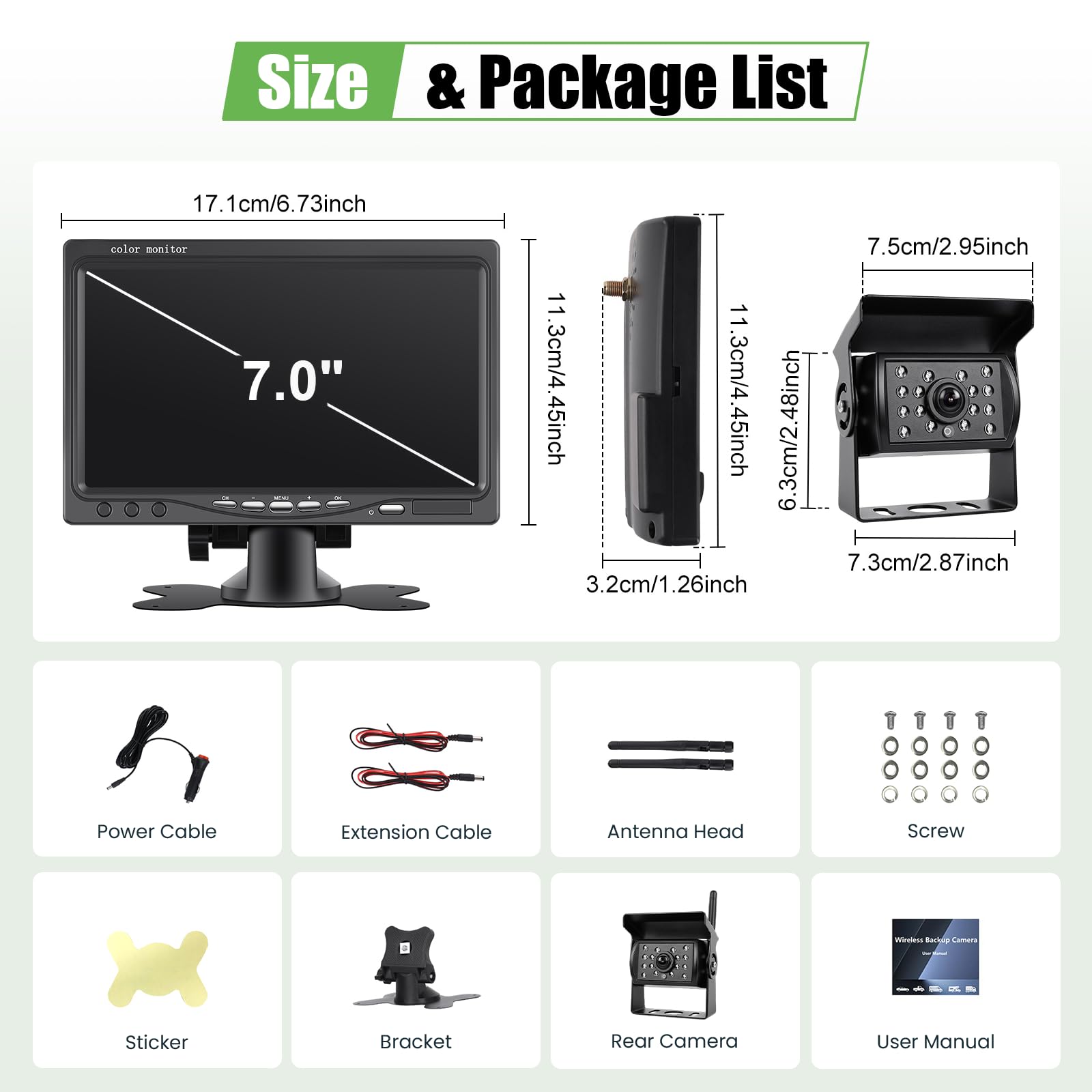 Telecamera di retromarcia wireless IP68 impermeabile con visione notturna, monitor HD da 7", telecamera di retromarcia ad alto rendimento con chip a prestazioni elevate, linea invertita, BSD