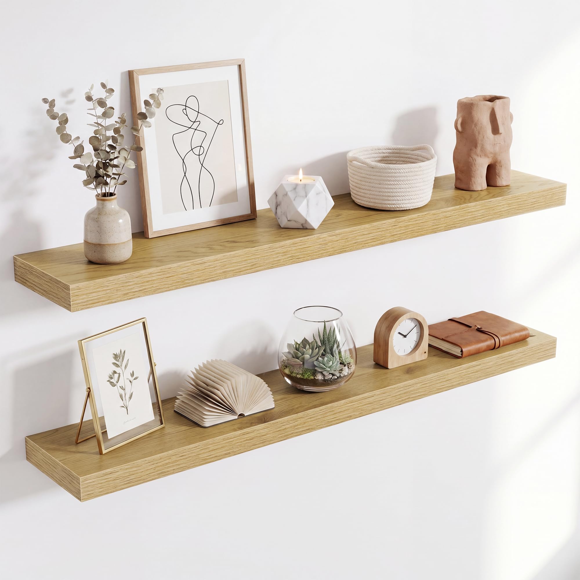 Acovy Floating Shelves for Wall, Extra Thick 100cm Long Wooden Wall Mounted Shelf, Wall Shelves for Living Room Bathroom Bedroom Kitchen, Oak, Set of 2
