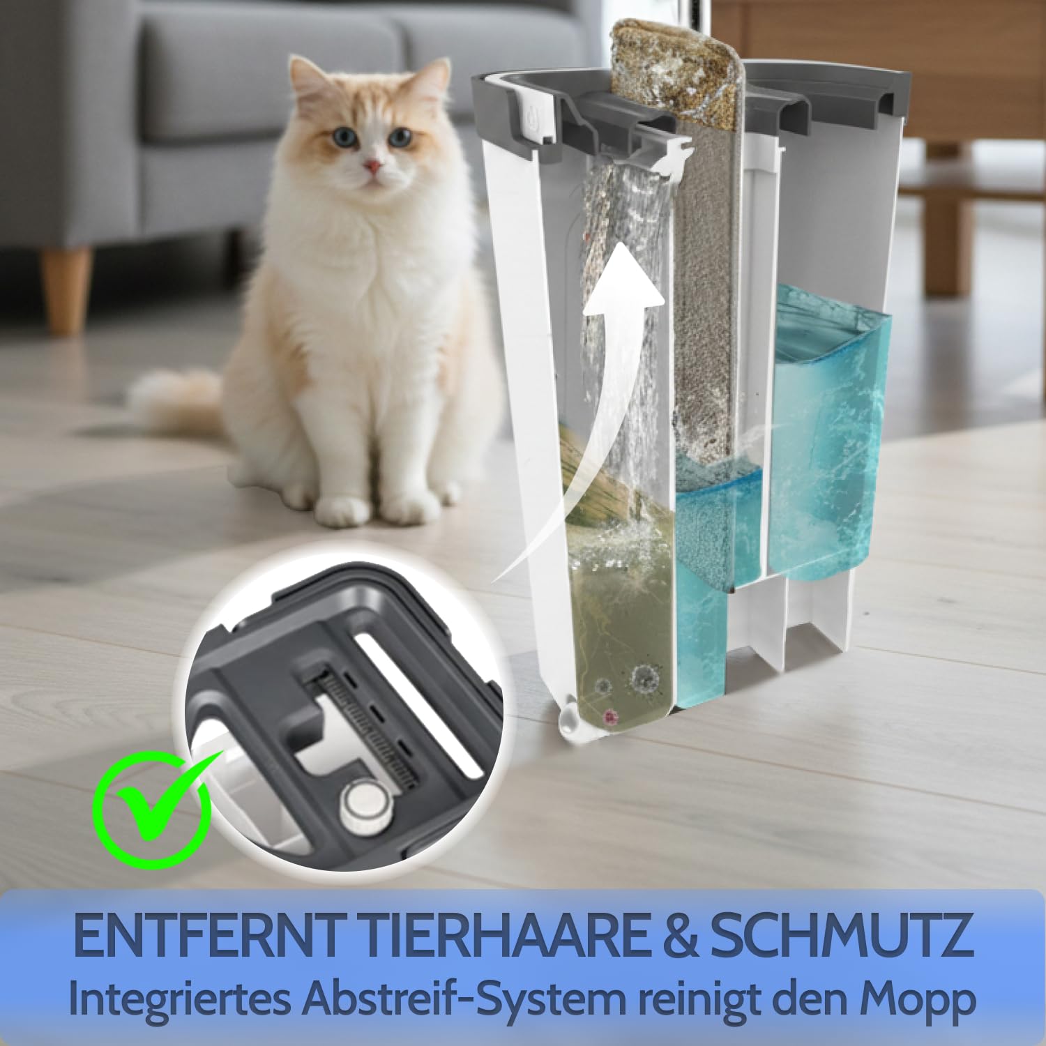 Allyson® Wischmopp Set mit Eimer, Auswringer, Haarentferner, inkl. 15 Mops | 3-Kammer-System für Wischen, Spülen & Trocknen, ohne Bücken & nasse Hände, gummierter Griff, für Fliesen & Laminat