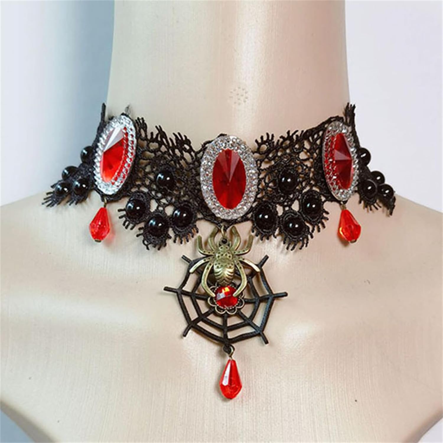 Halloween Spider Choker Necklace for Women Men Gothic Punk Vintage Black Lace Choker Spider Crystal Necklace Halloween Party Costume Accessory Sexy Jewelry - Image 3
