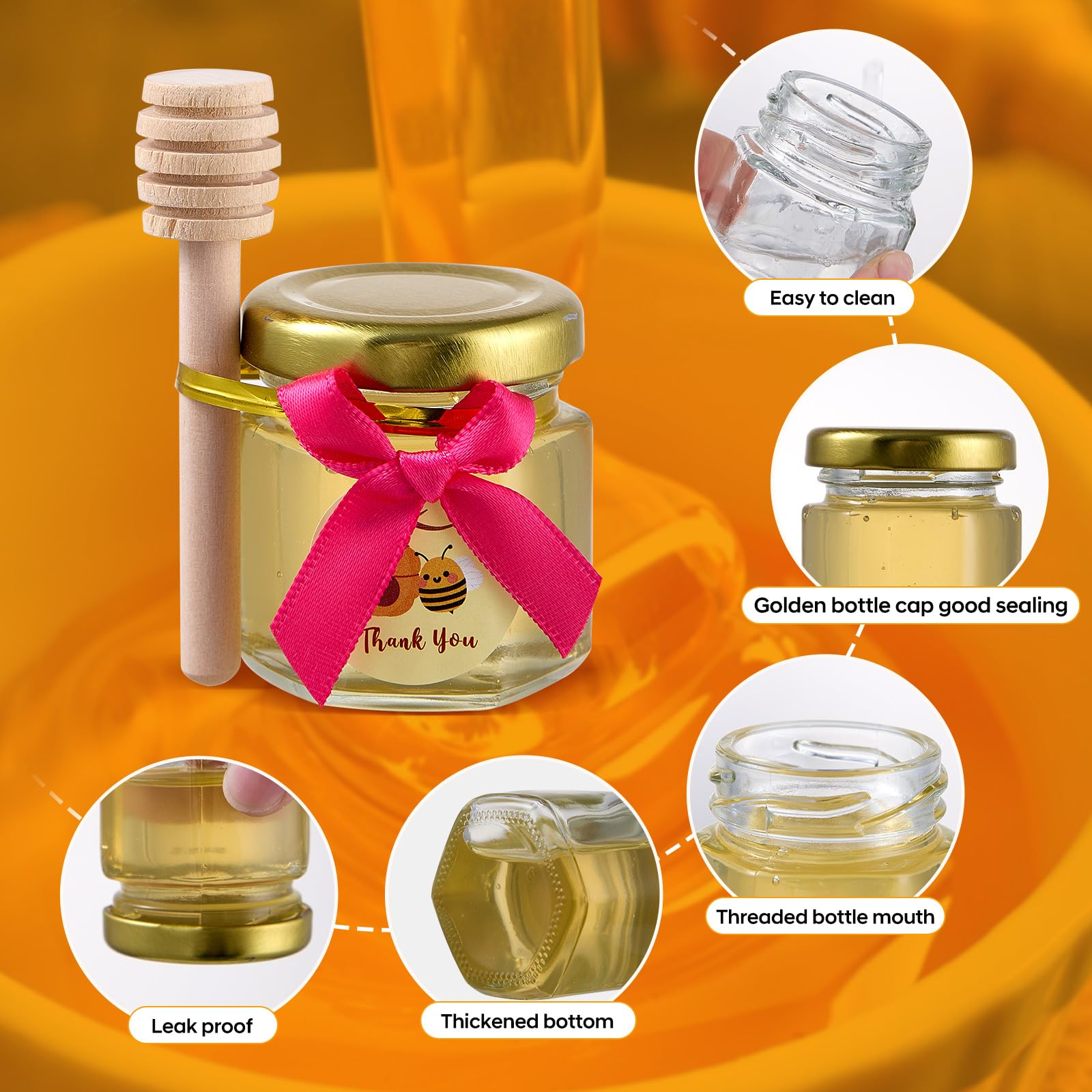 MISTGLAS Mini Honey Jars with Dipper- Small Honey Jars for Baby Shower Party Favors,Wedding Favors,30 Pcs 1.5oz Glass Jars with Lids?Stickers?Gift Bags and Bow,No Honey (Pink, 30)