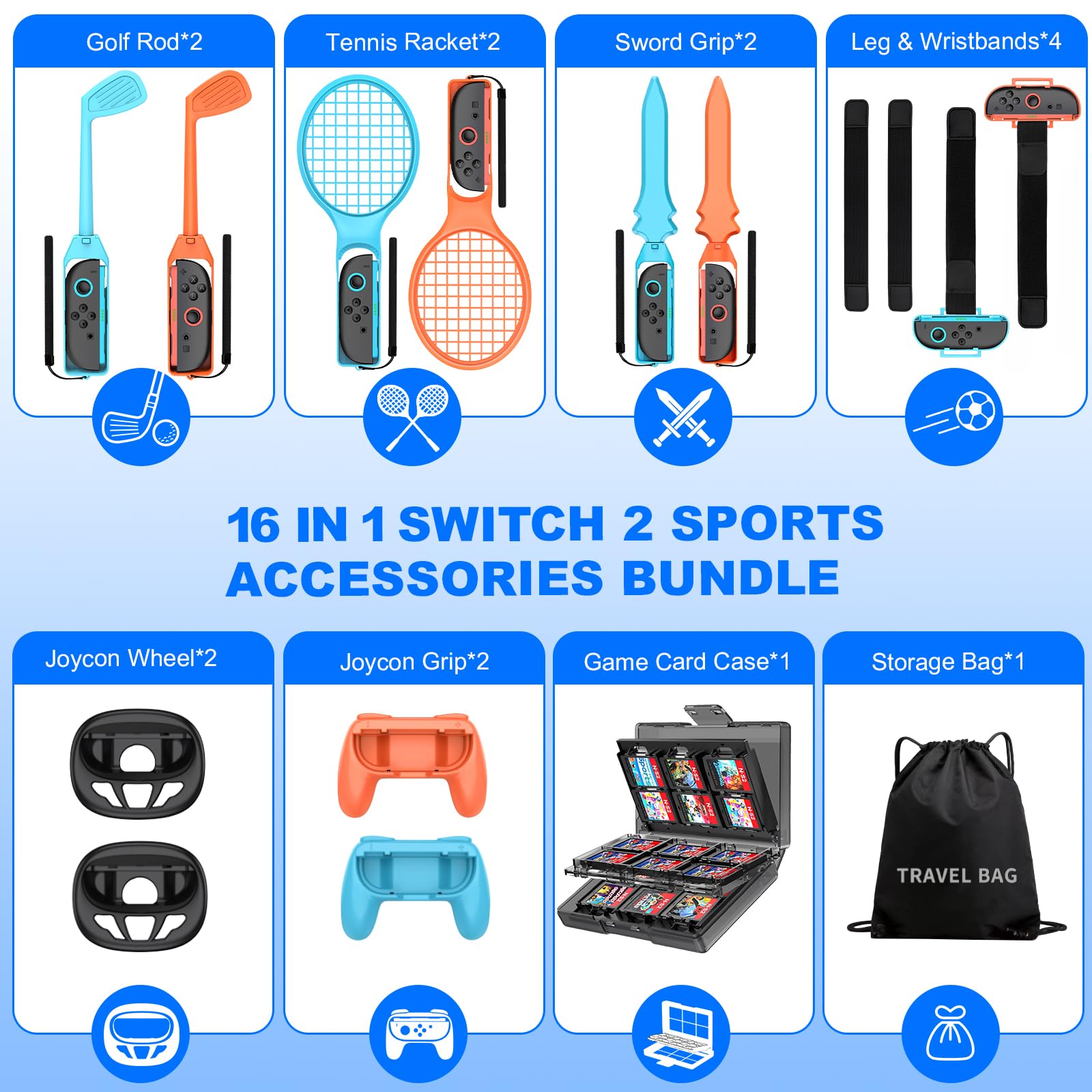 HELLCOOL 16-in-1 Switch 2 Sports Accessories for Switch 2025 Joy Con with Card Storage Case,Storage Bag,Steering Wheels for Mario Kart 8 Deluxe - Image 2