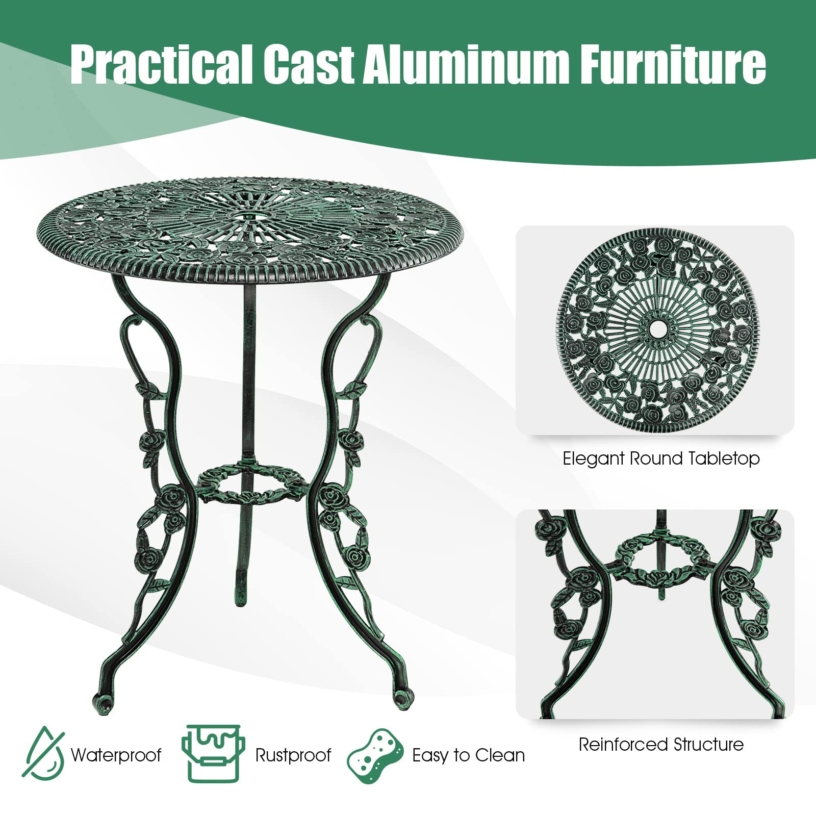 GIANTEX 3-teiliges Bistro Set, Bistrotisch mit 2 Stühlen, Gartenmöbel Set Aluminium, Gartenset Balkonset Antik, Runder Gartentisch, Balkonmöbel Set Garten Sitzgruppe 2 Sitzhocker Outdoor (Bronzegrün)