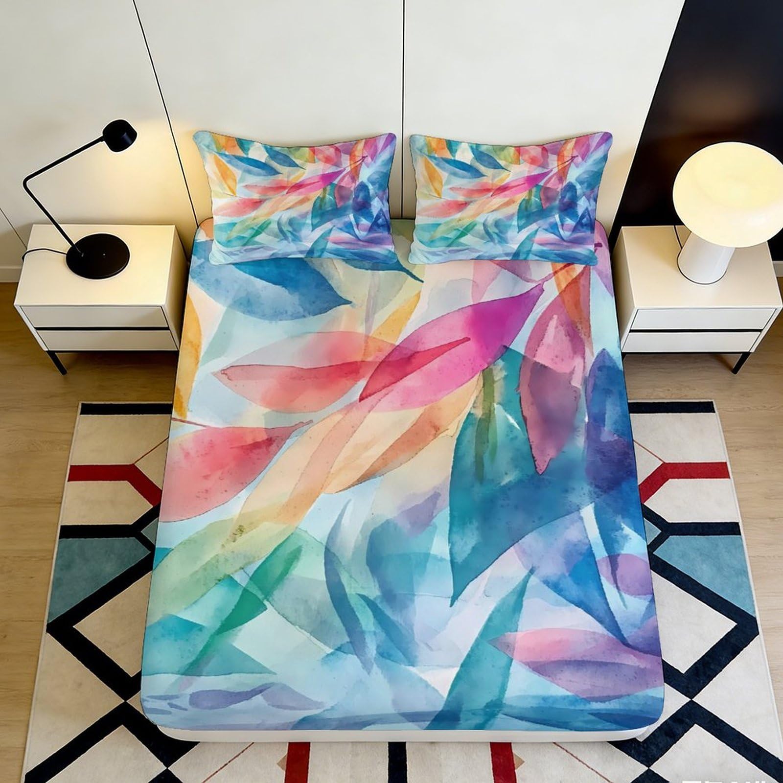 3D Printed Watercolor Leaf Fitted Sheet Microfiber Soft Breathable Abstract Botanical Mattress Cover for Bedroom Dorm Decor 90x200x25cm