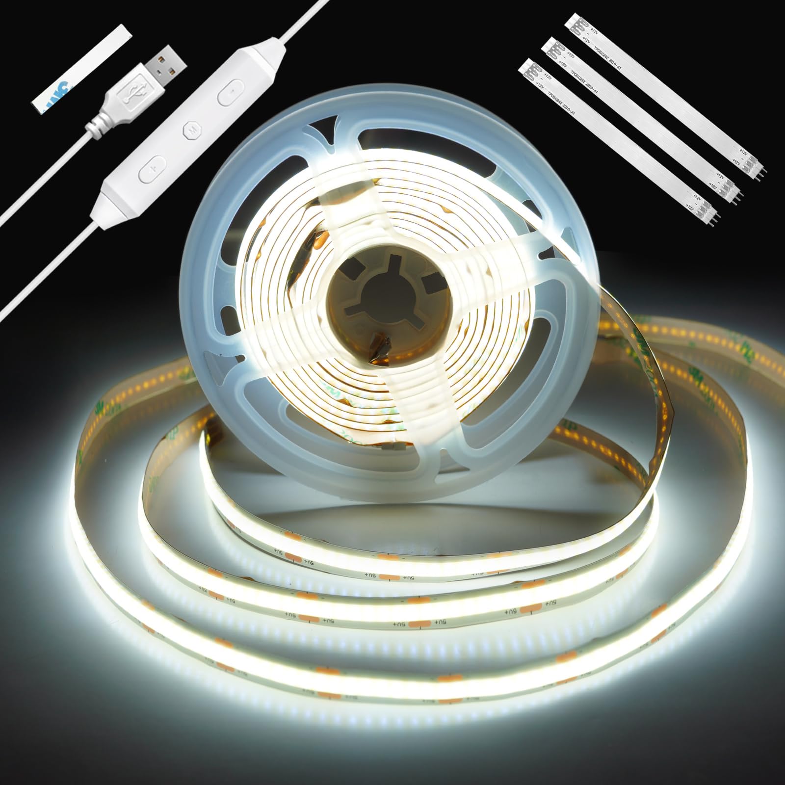 Enteenly COB LED Strip Light 2m, USB 5V TV Backlight with Dimmer and Memory Function, Dotless Dimmable LED Strip for TV Bias Lighting, Under Cabinet, Ambient Lighting, 6500K